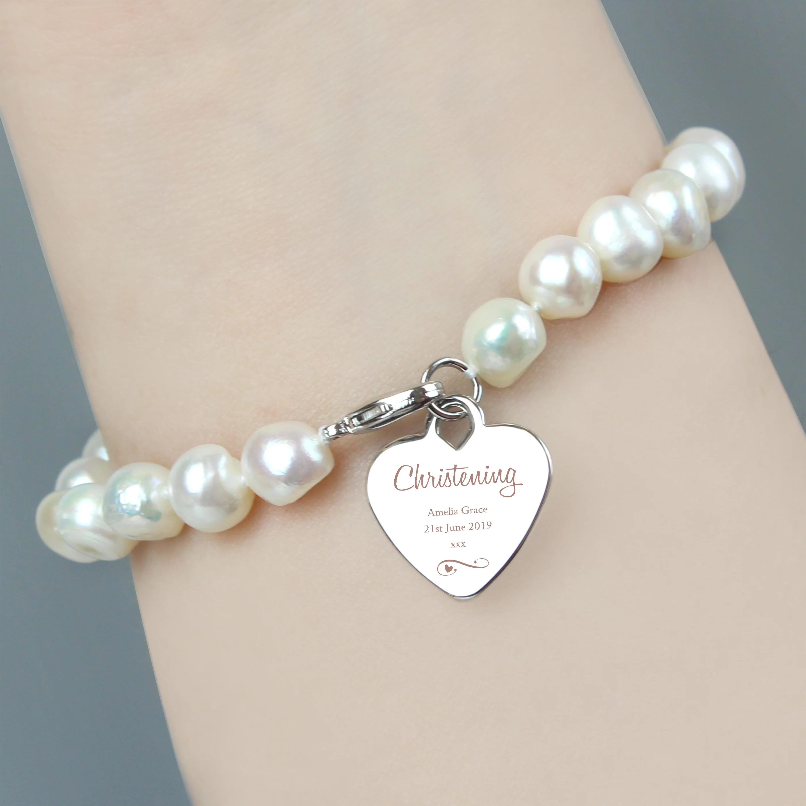 Personalised Christening Swirls & Hearts White Freshwater Pearl Bracelet - Image 6