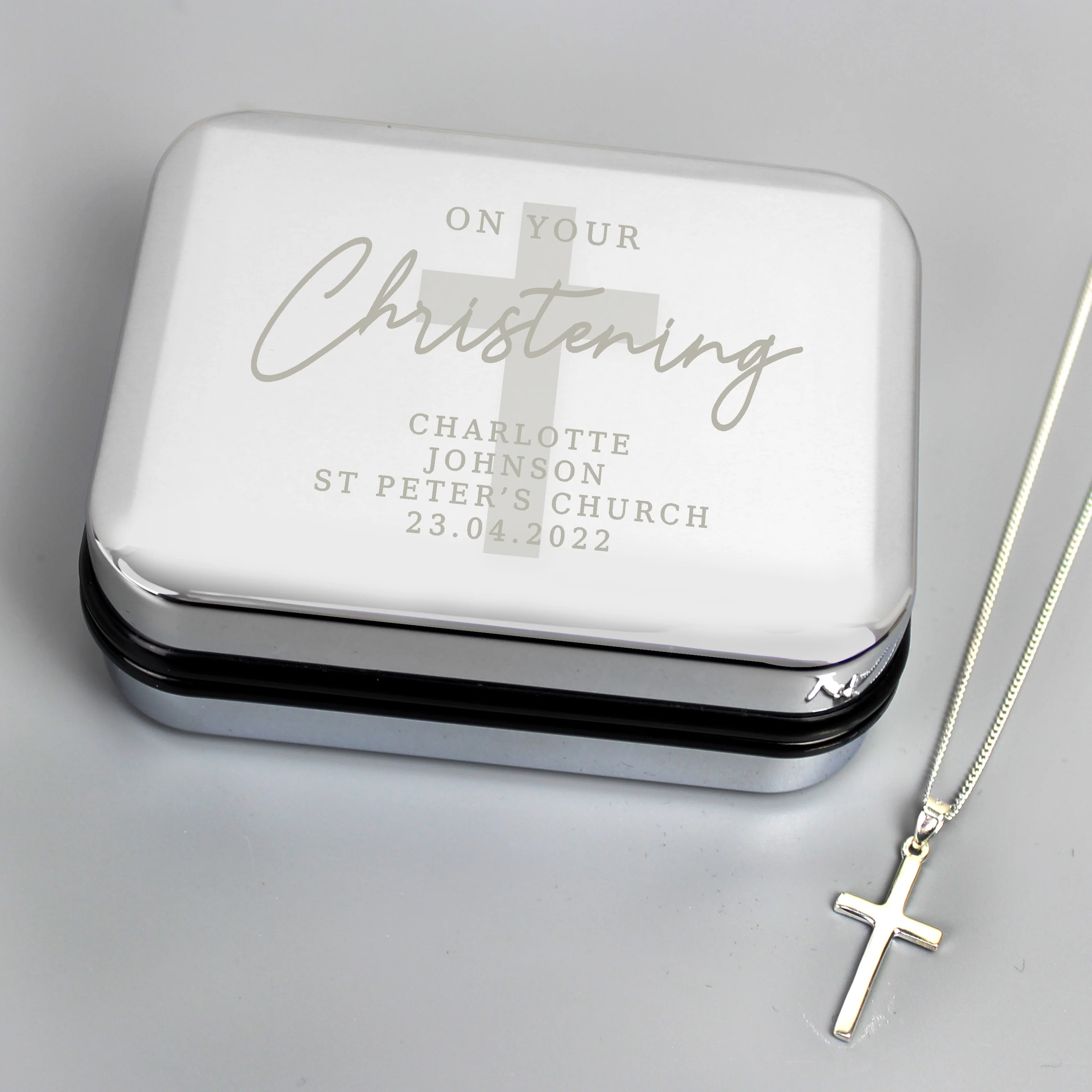 Personalised Christening Trinket Box & Sterling Silver Cross Necklace Set - Image 2