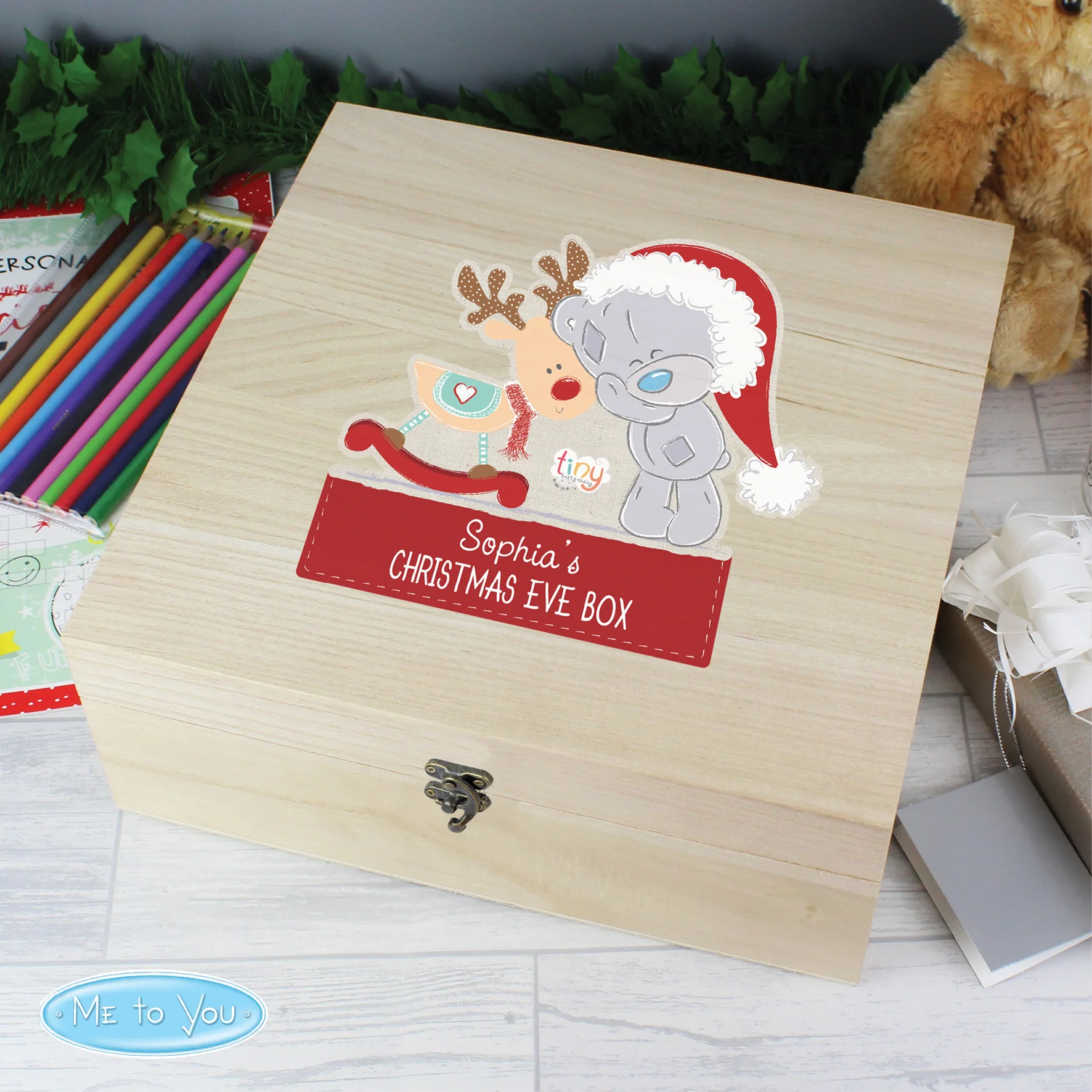 Personalised Colourful Tiny Tatty Teddy Large Wooden Christmas Eve Box - Image 4