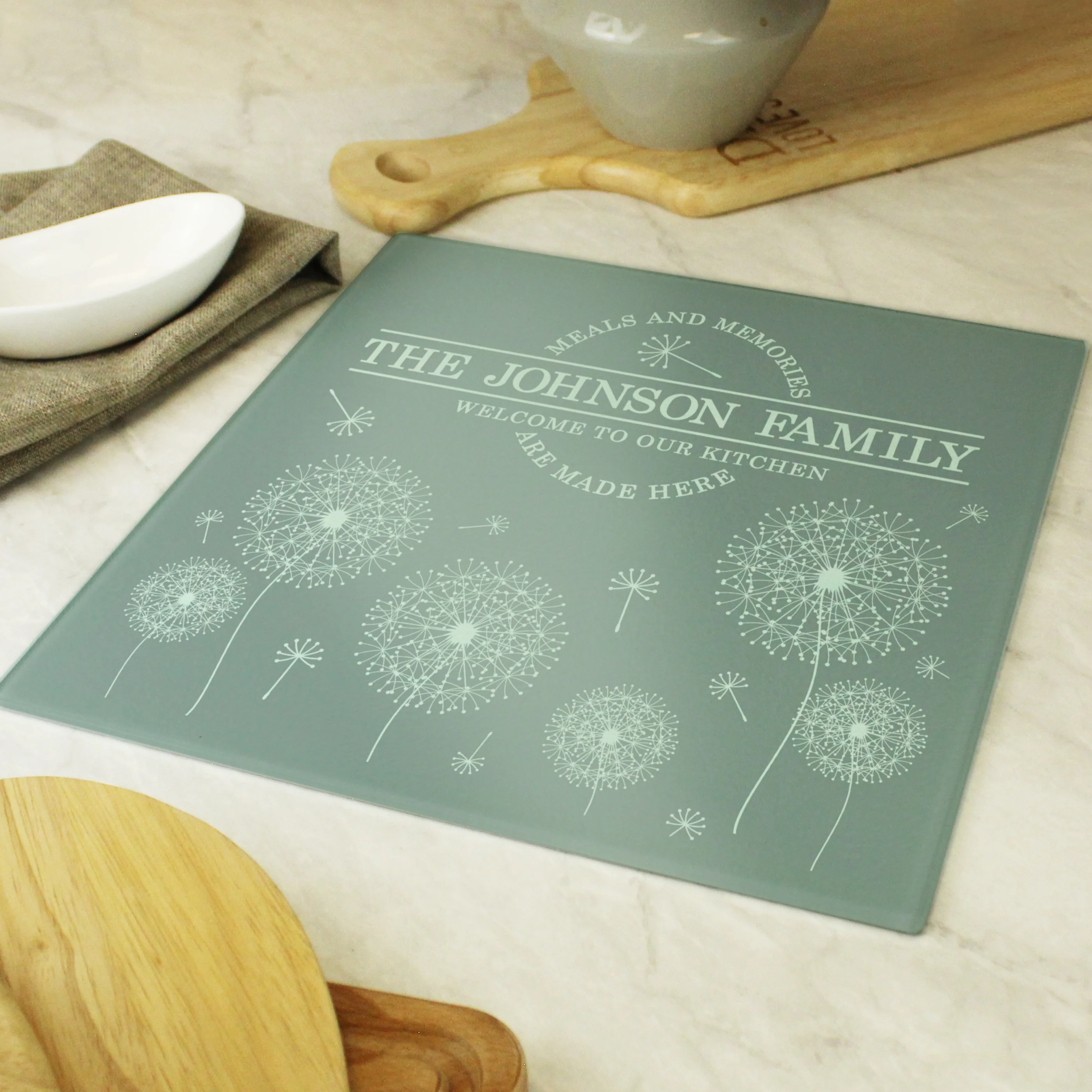 Personalised Dandelion Glass Chopping Board/Worktop Saver - Image 2