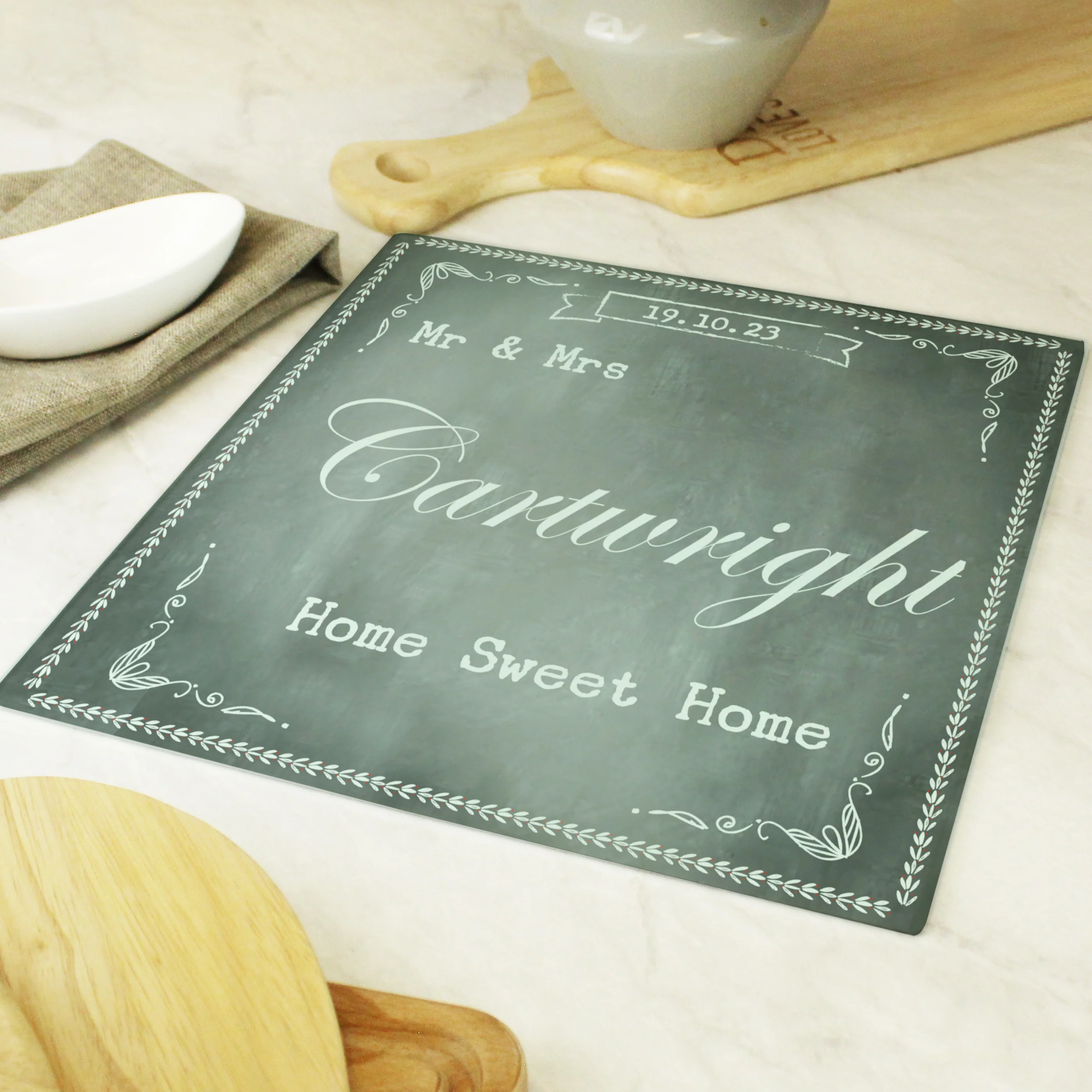 Personalised Family Chalk Glass Chopping Board/Worktop Saver - Image 3
