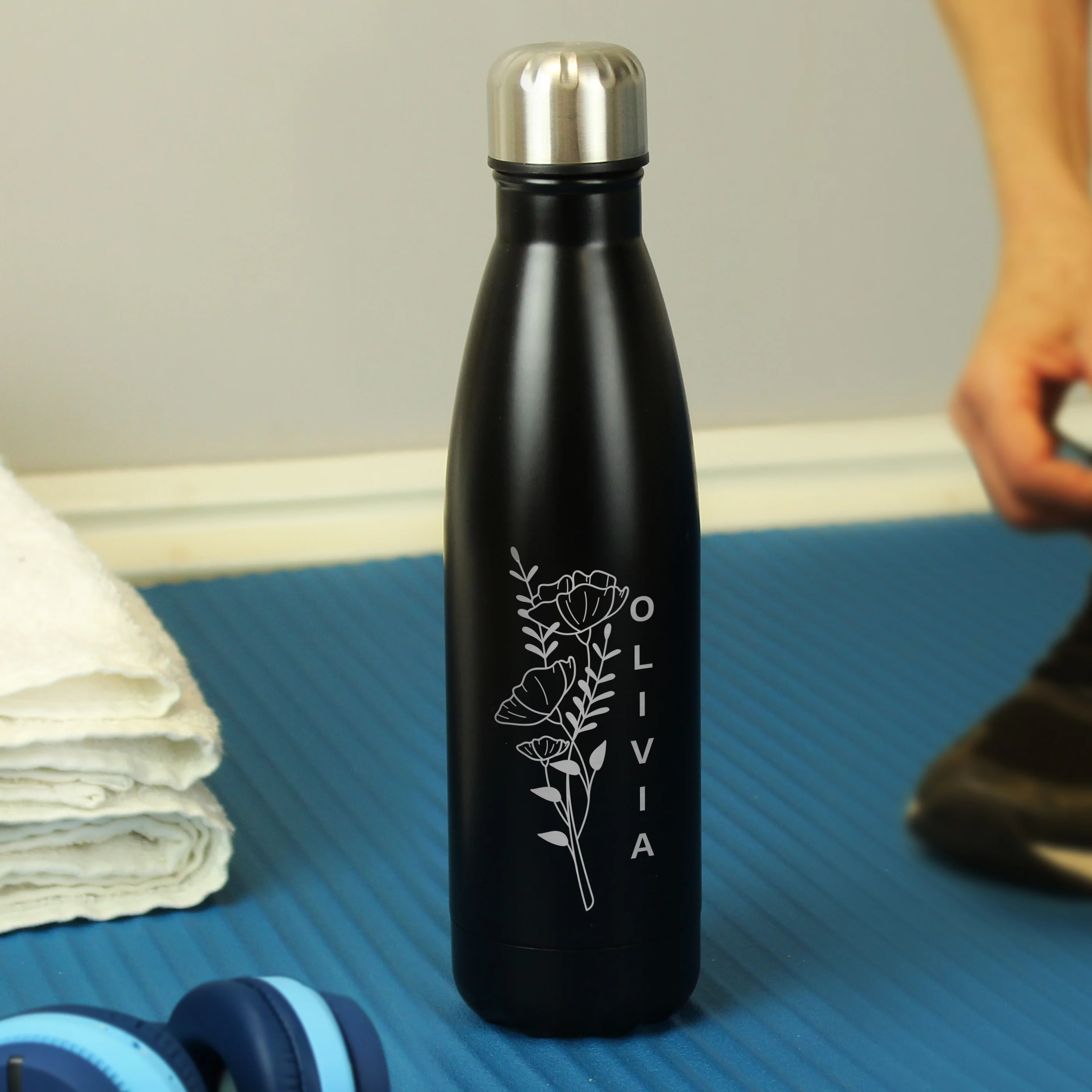 Personalised Floral Black Metal Insulated Drinks Bottle - Image 4