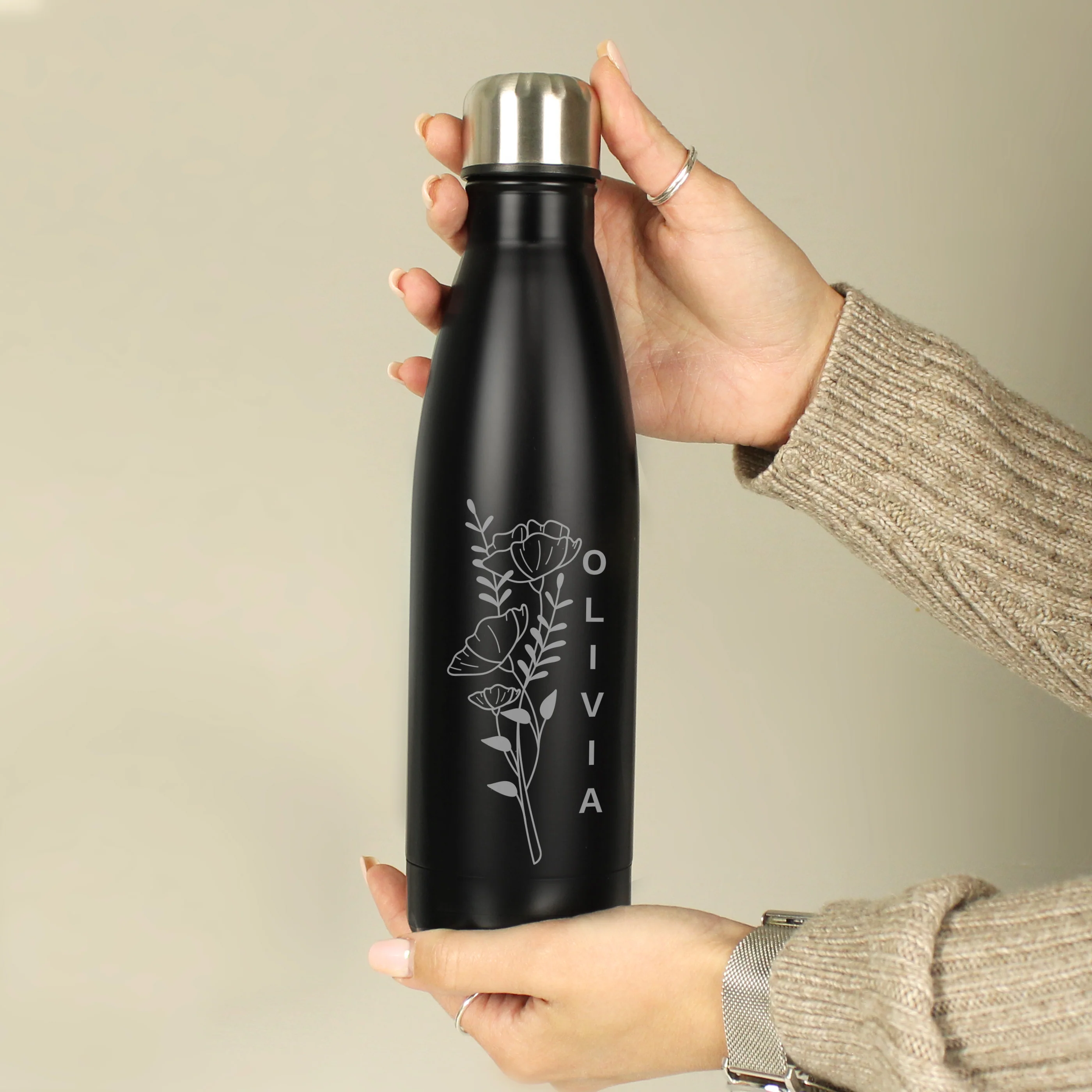 Personalised Floral Black Metal Insulated Drinks Bottle - Image 6