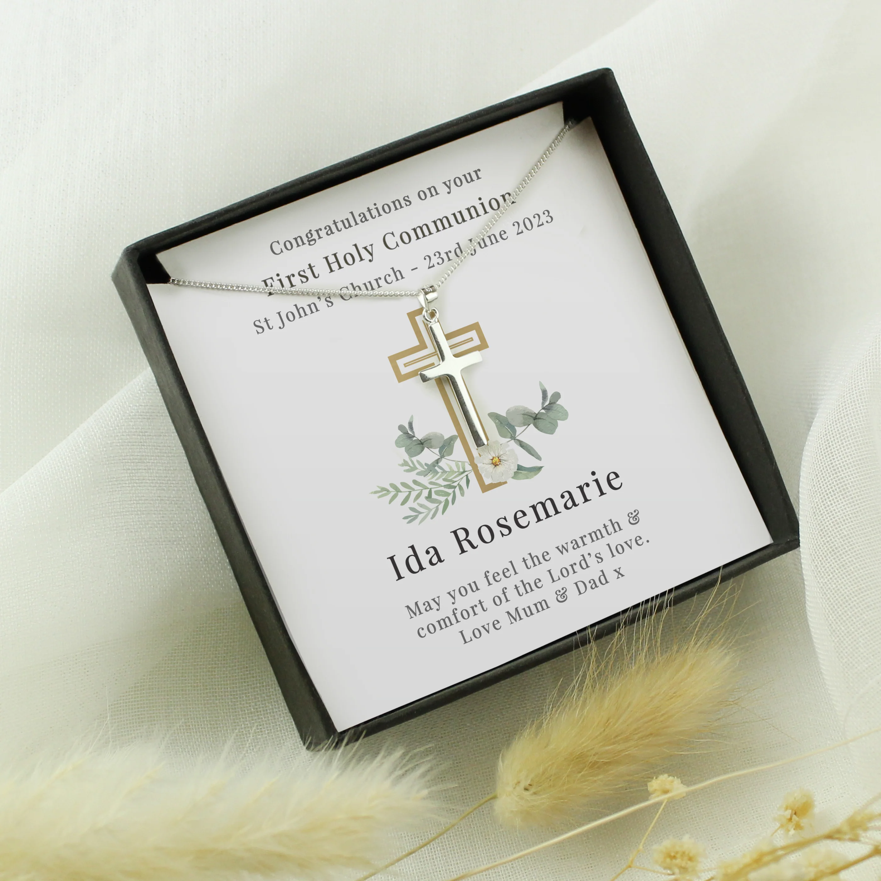 Personalised Floral Religious Sentiment Cross Necklace and Box - Image 2