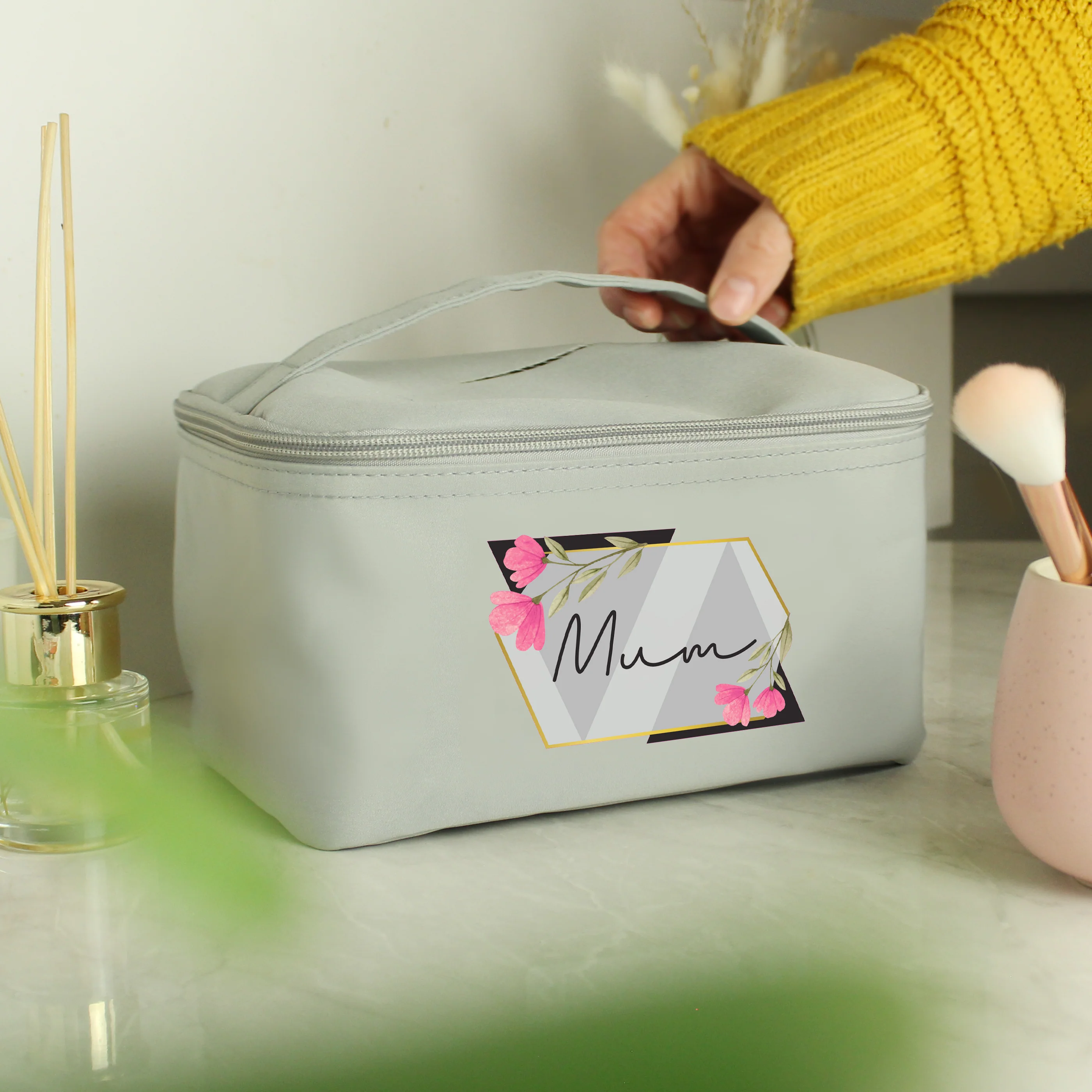 Personalised Geometric Floral Grey Toiletry Bag - Image 4
