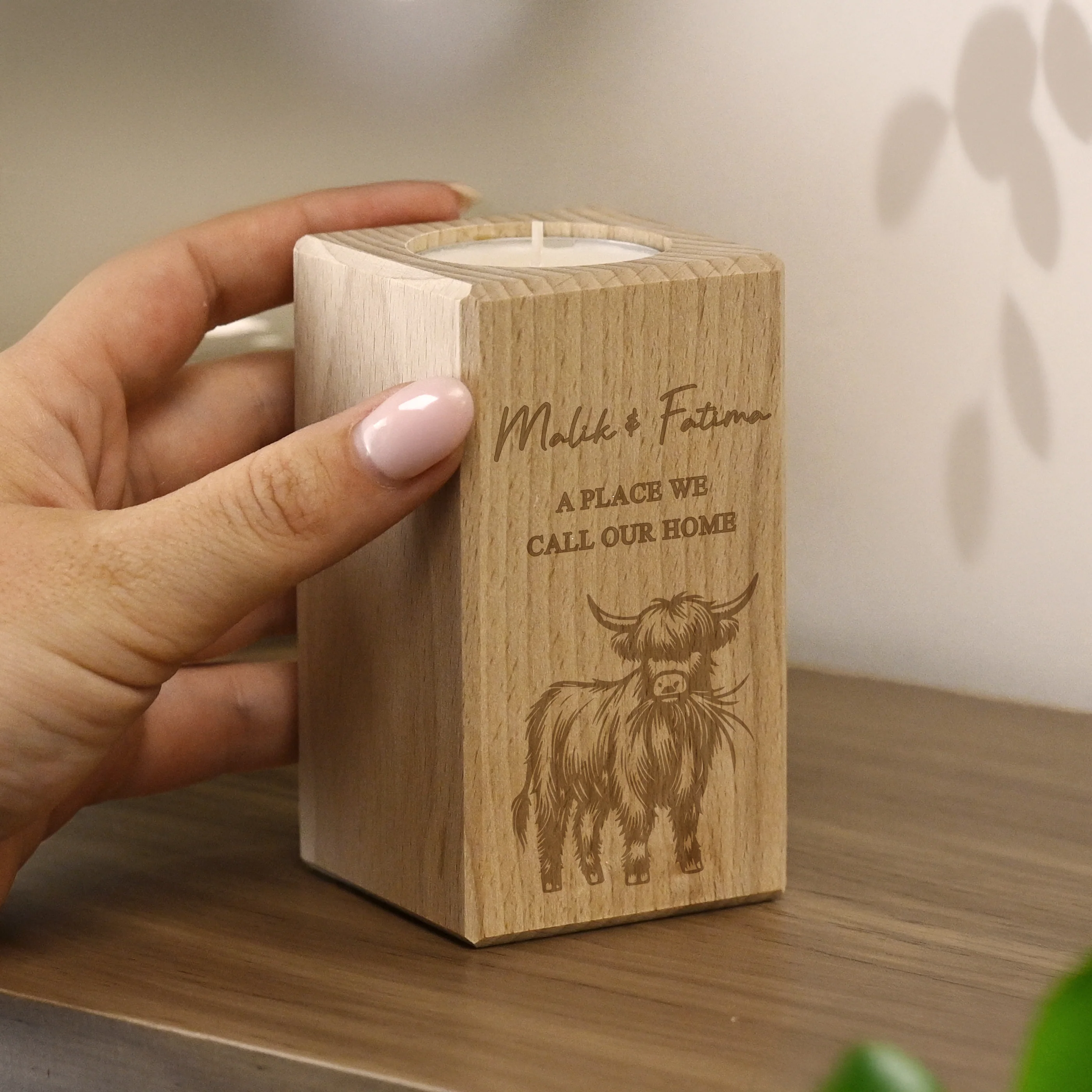 Personalised Highland Cow Wooden Tealight Holder - Image 2