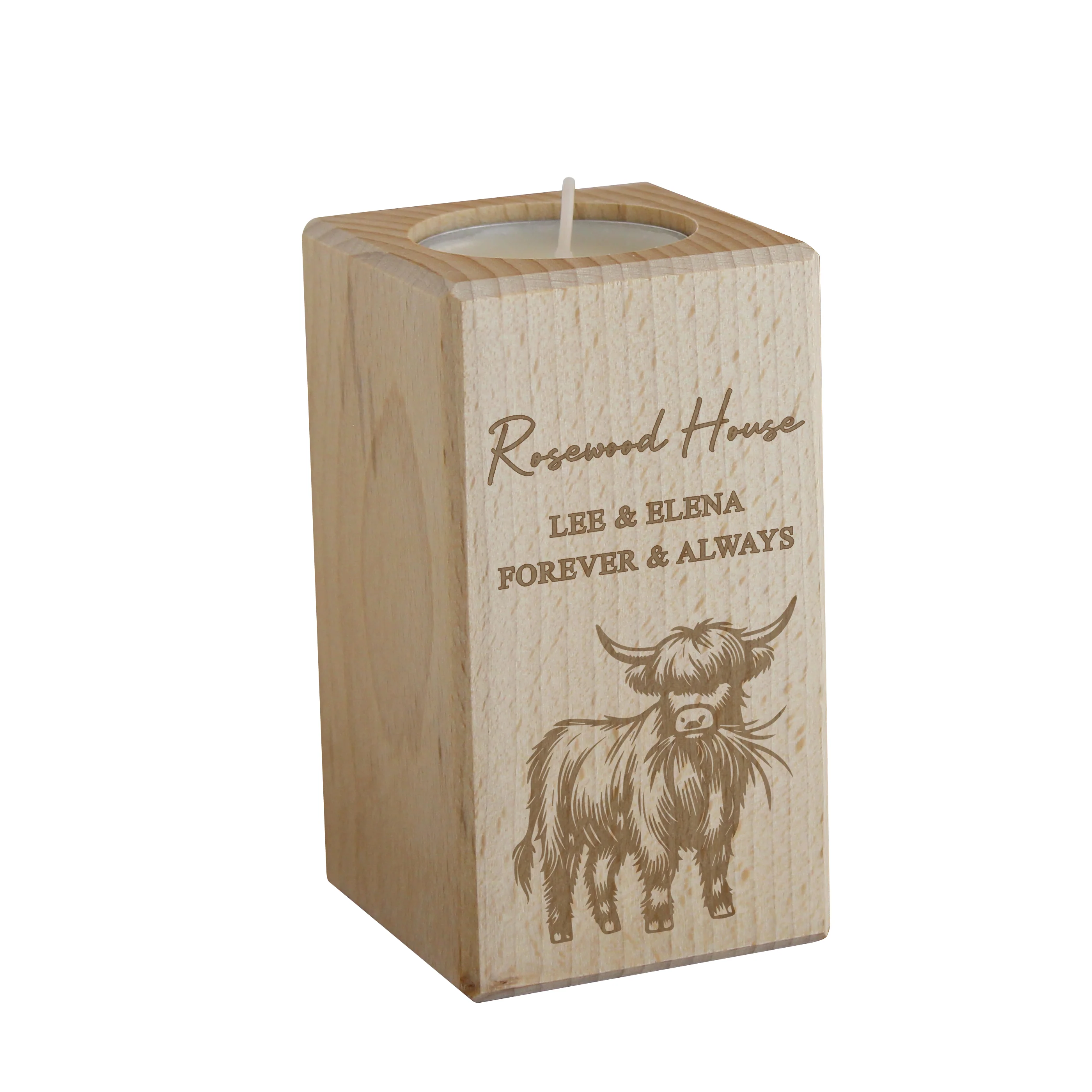 Personalised Highland Cow Wooden Tealight Holder - Image 4