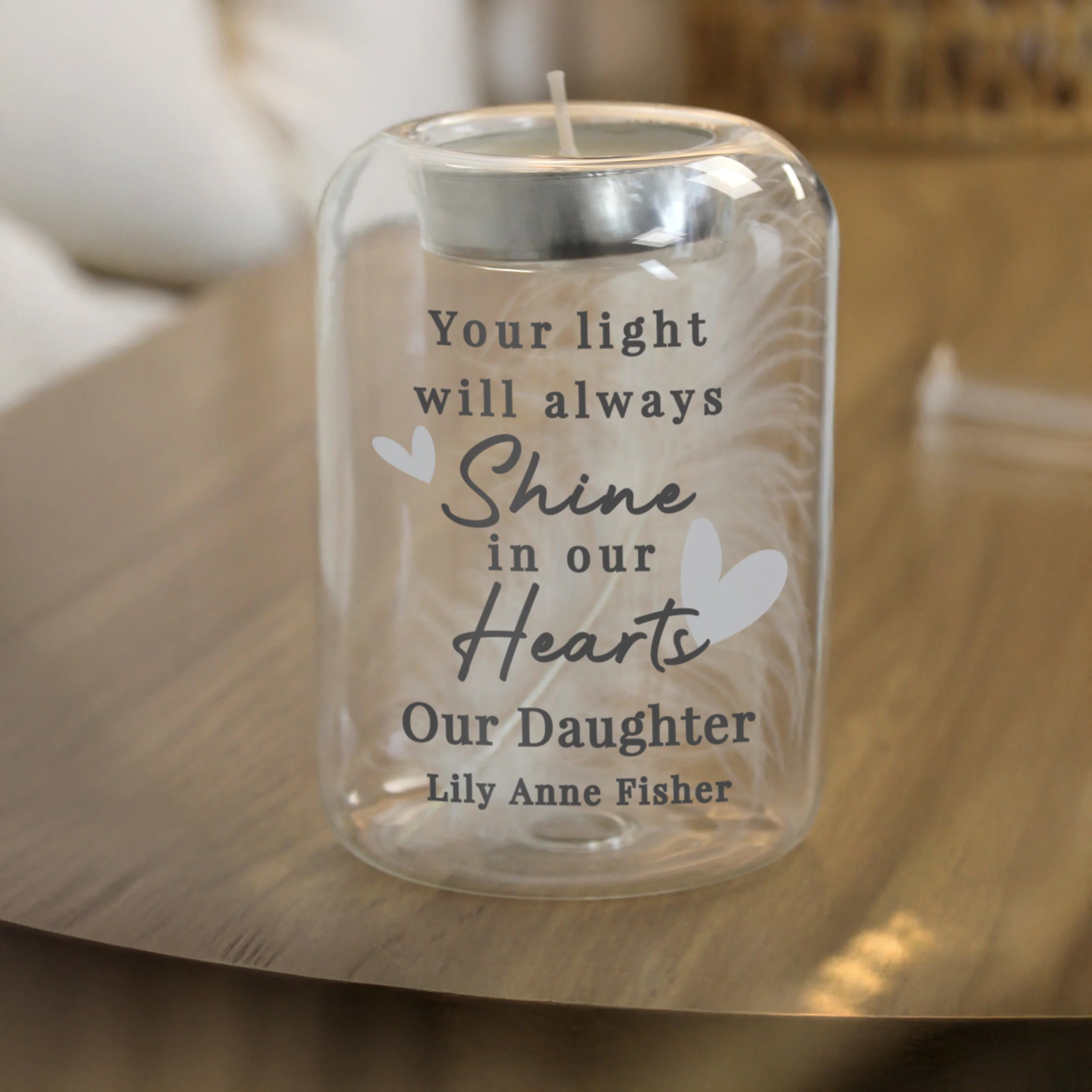 Personalised In Our Hearts Memorial Feather Tealight Holder - Image 4