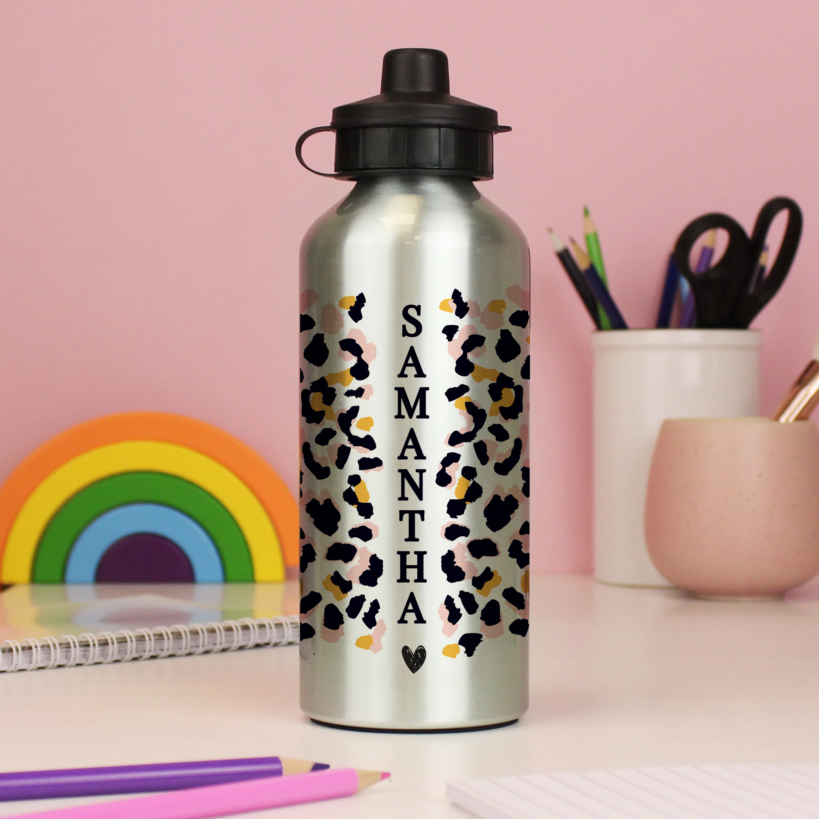 Personalised Leopard Print Silver Drinks Bottle - Image 2