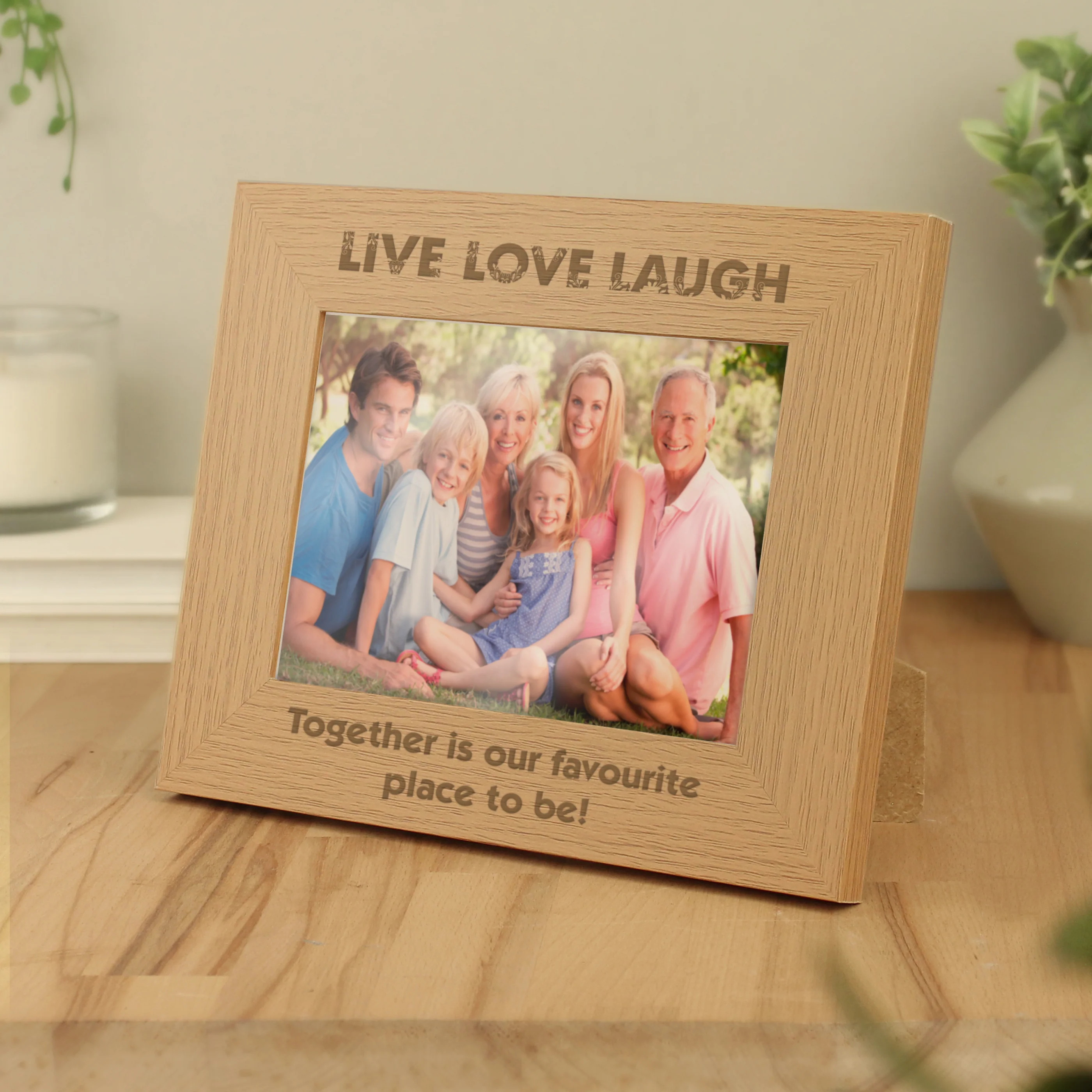 Personalised Live Love Laugh 5x7 Landscape Oak Finish Photo Frame - Image 2