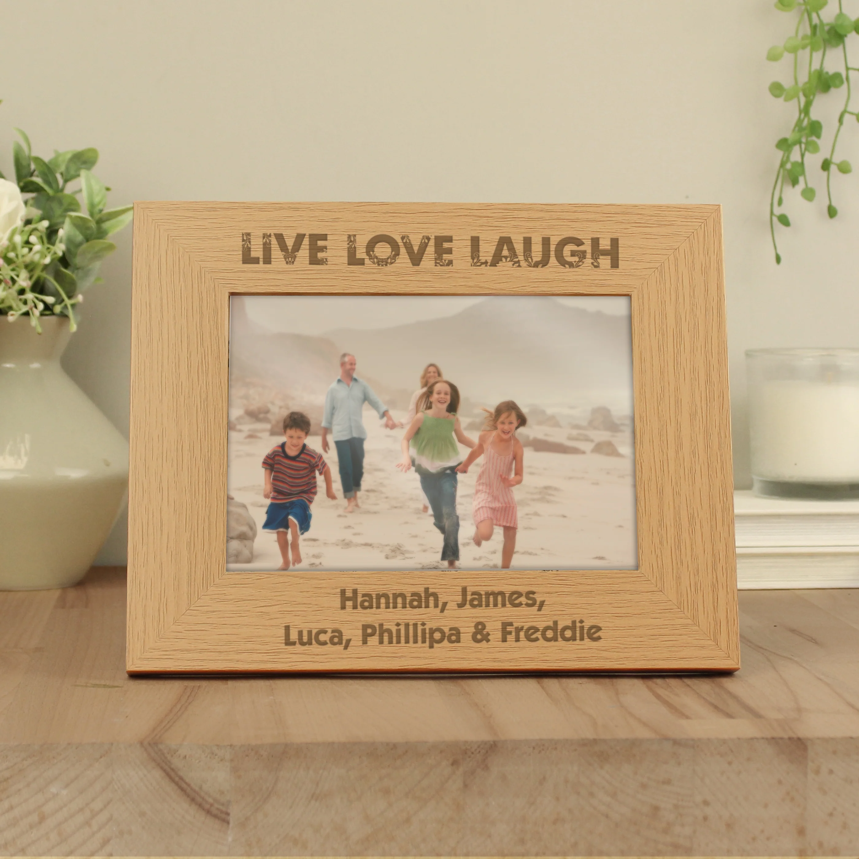 Personalised Live Love Laugh 5x7 Landscape Oak Finish Photo Frame - Image 3