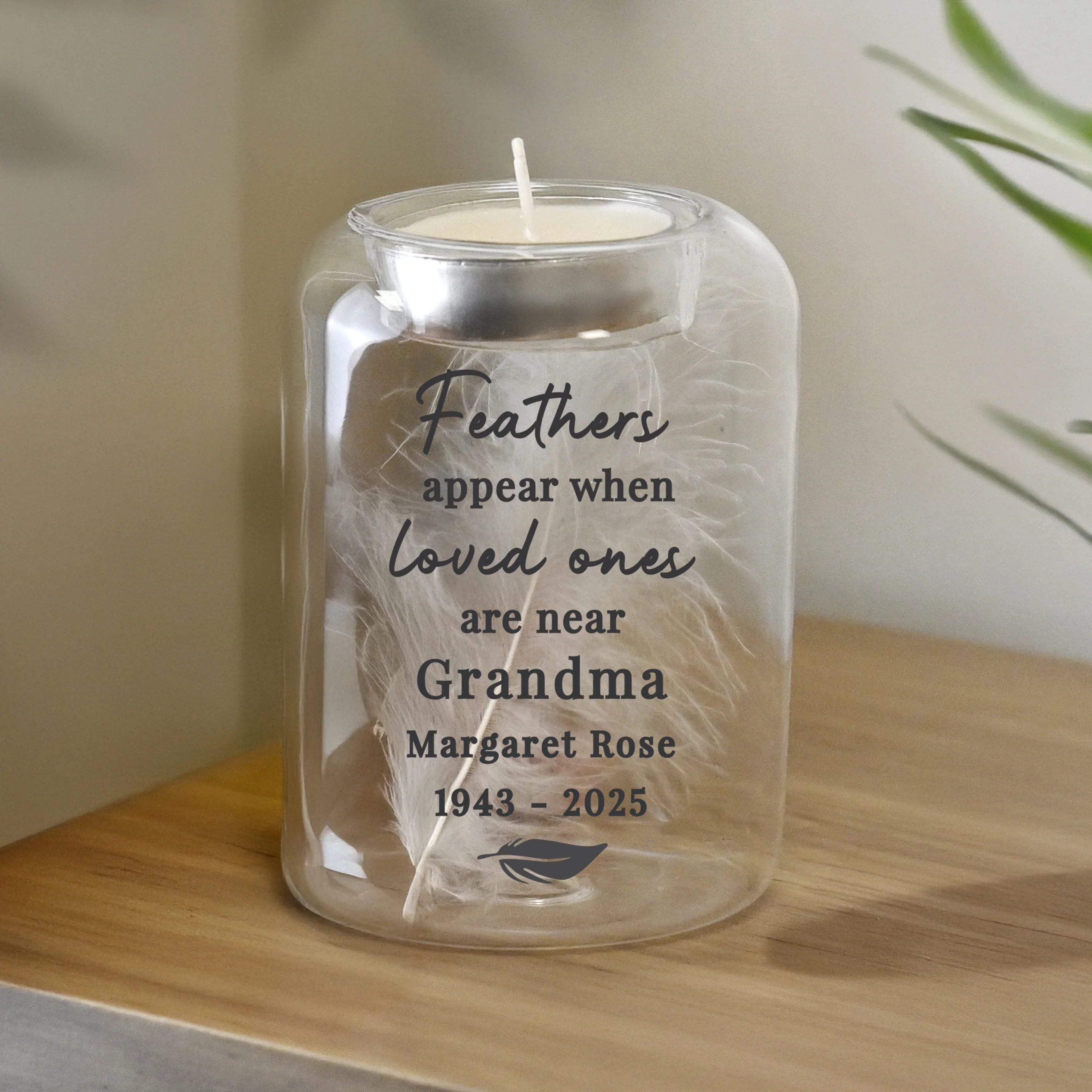Personalised Loved Ones Memorial Feather Tealight Holder - Image 2