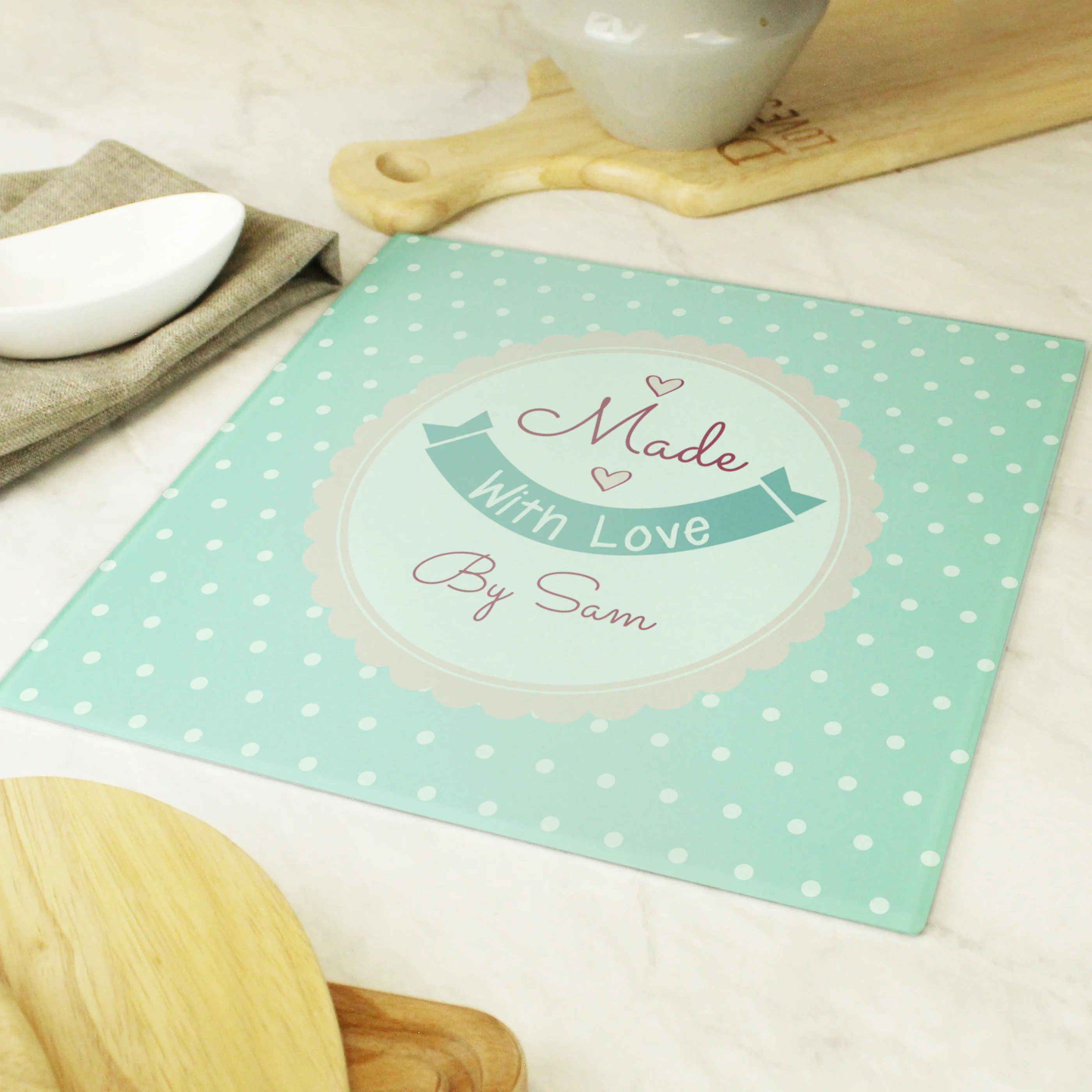 Personalised Made with Love Glass Chopping Board/Worktop Saver - Image 7