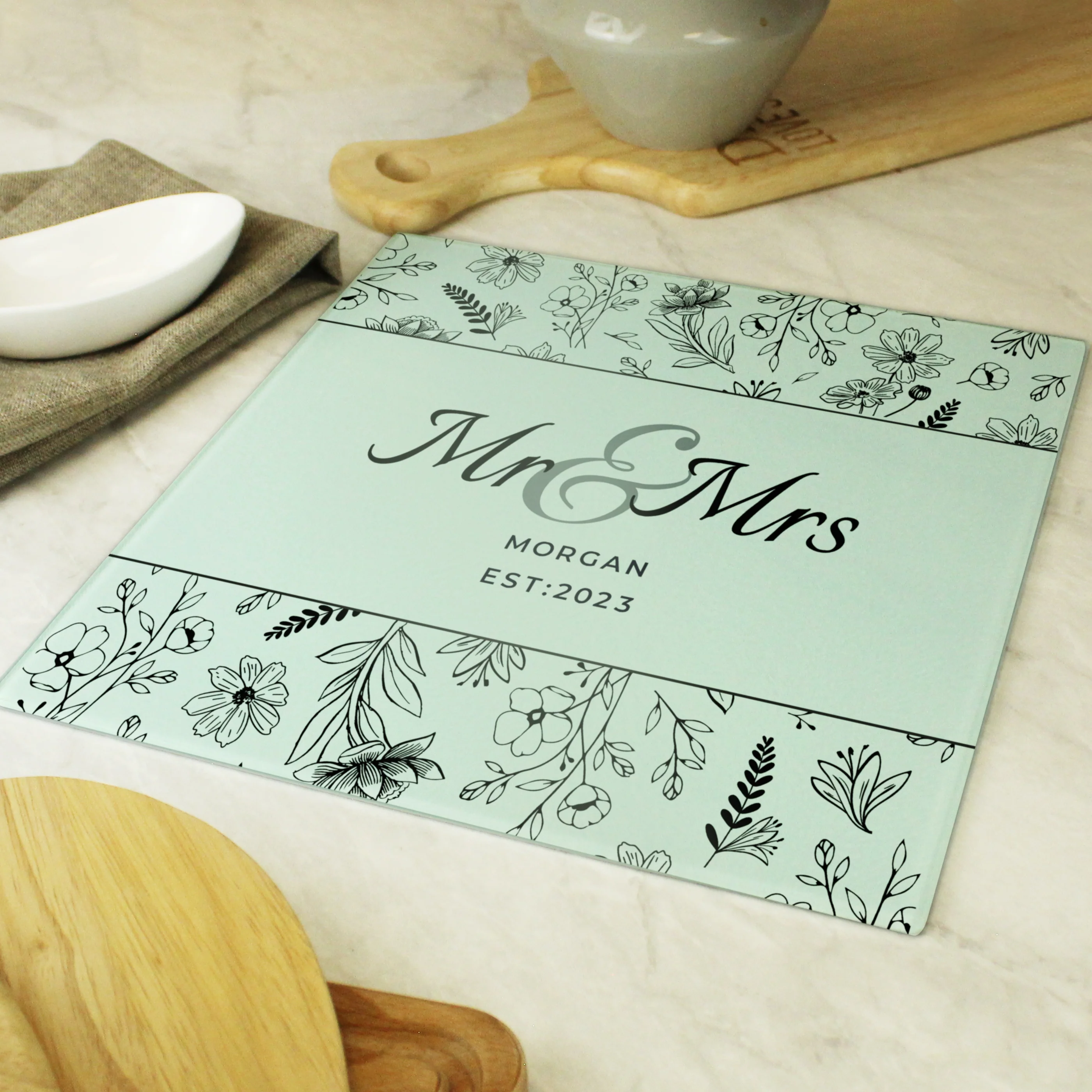 Personalised Mr & Mrs Botanical Glass Chopping Board/Worktop Saver - Image 2