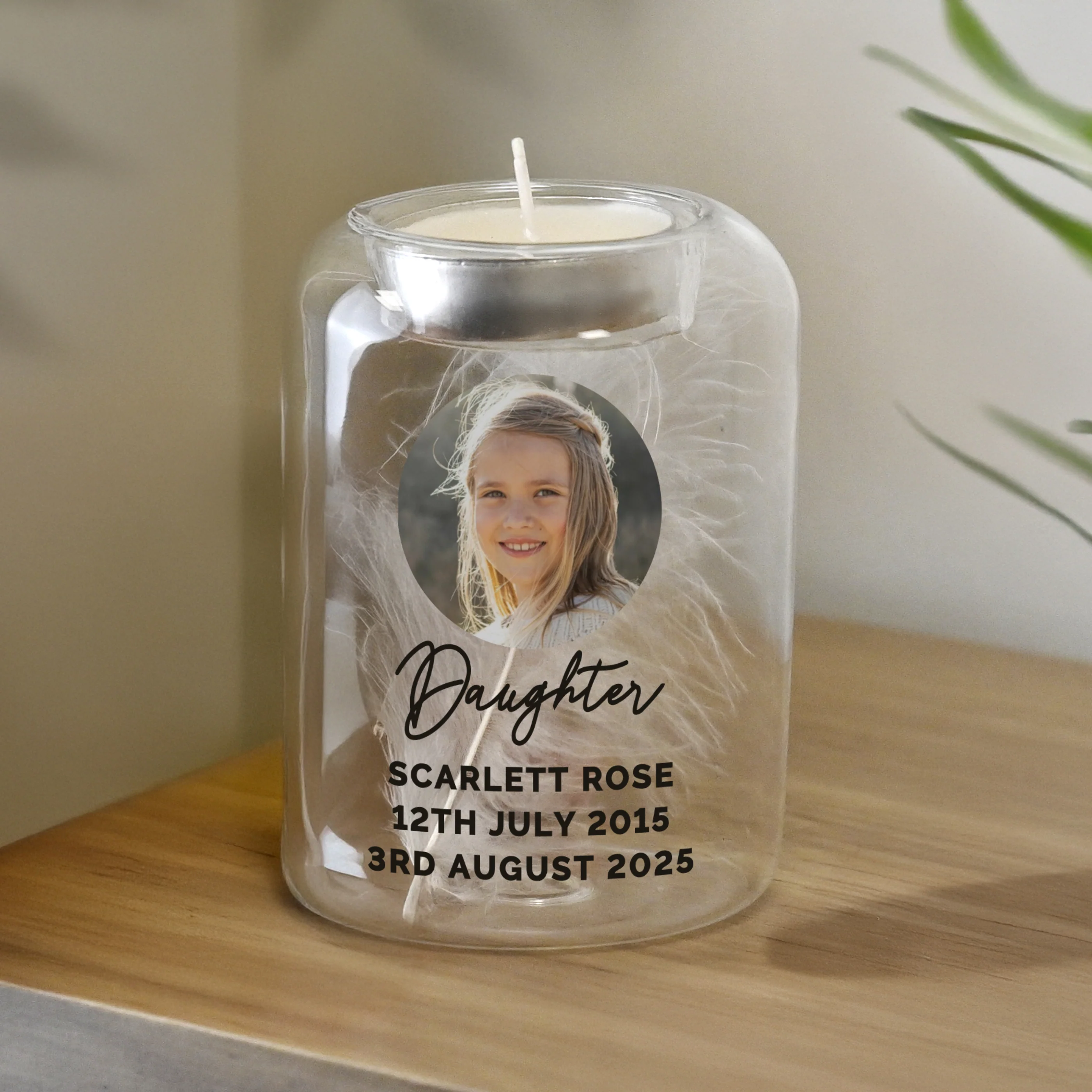 Personalised Photo Upload Memorial Feather Tealight Holder - Image 2