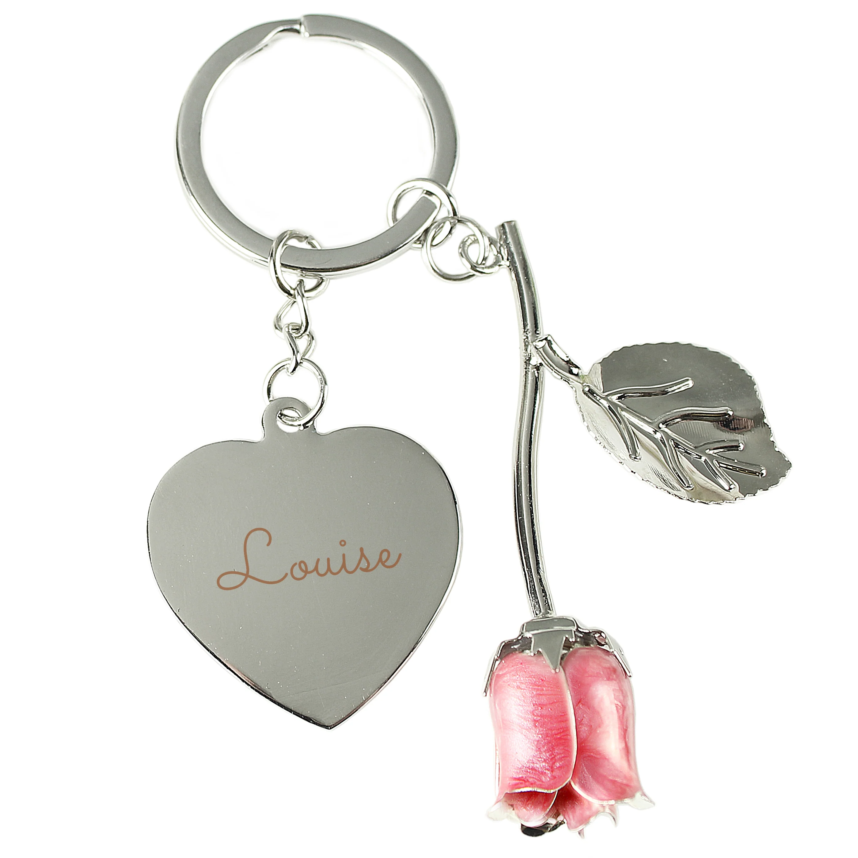 Personalised Silver Plated Name Pink Rose Keyring - Image 2