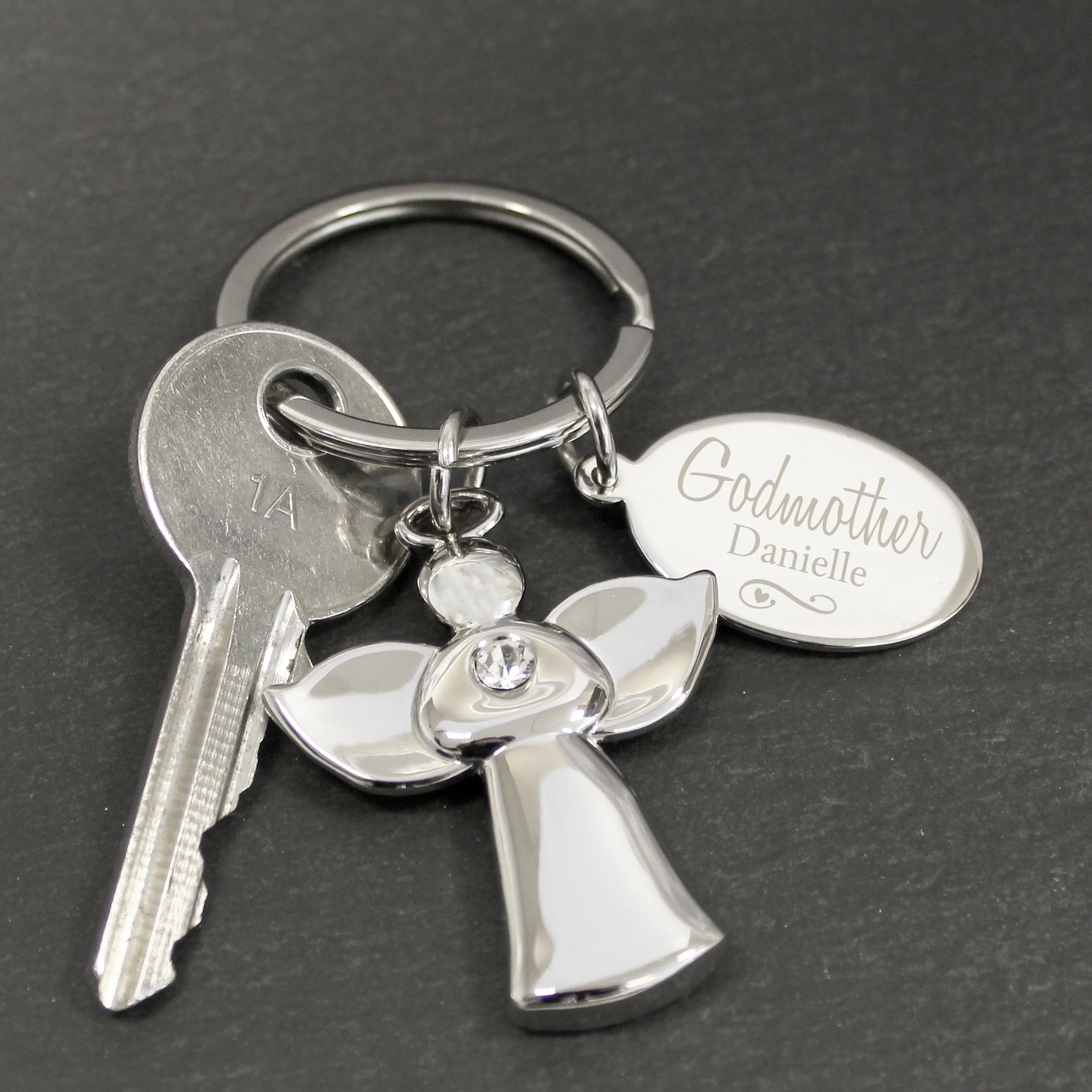 Personalised Silver Plated Swirls & Hearts Godmother Angel Keyring - Image 3