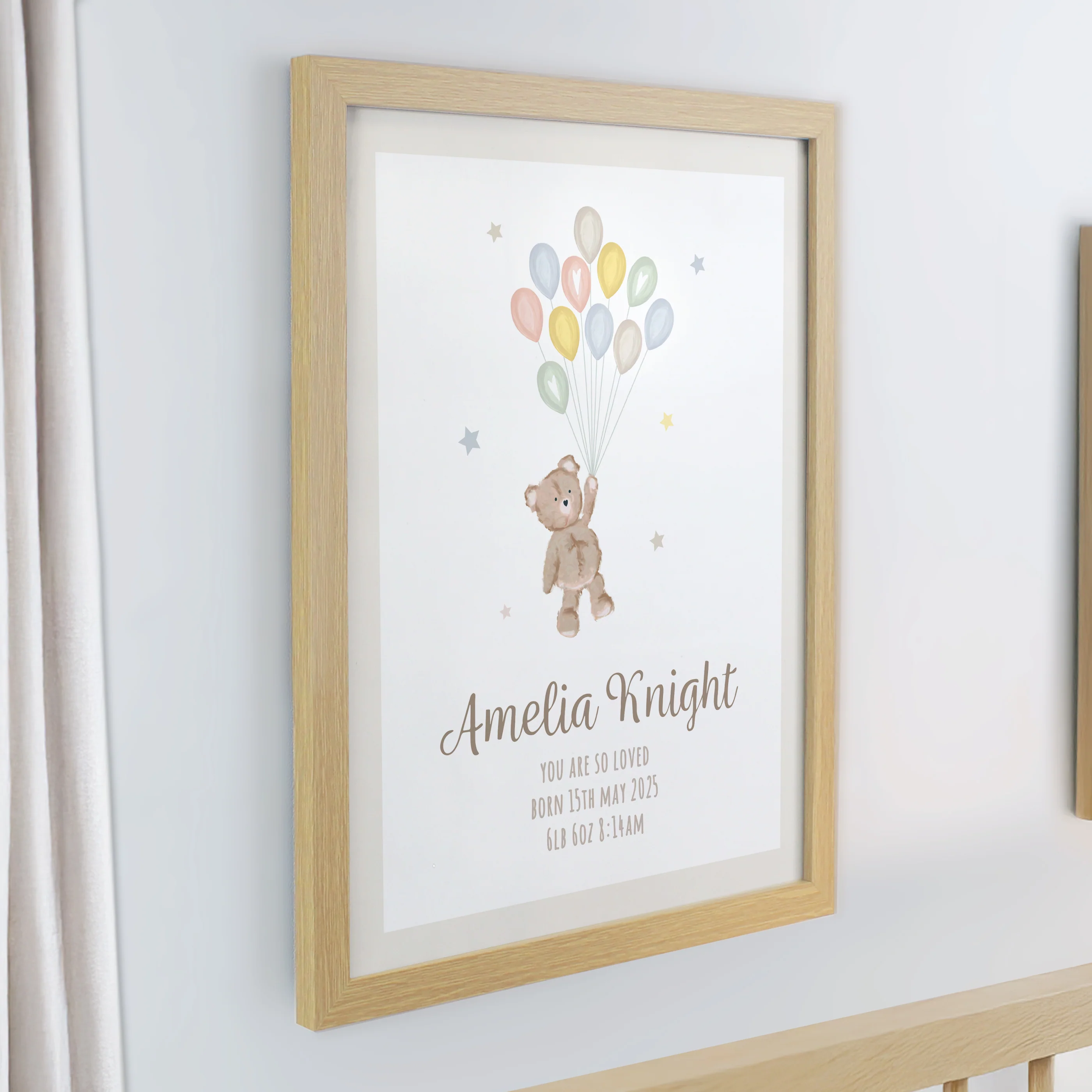 Personalised Teddy Balloon Oak Poster Frame - Image 2