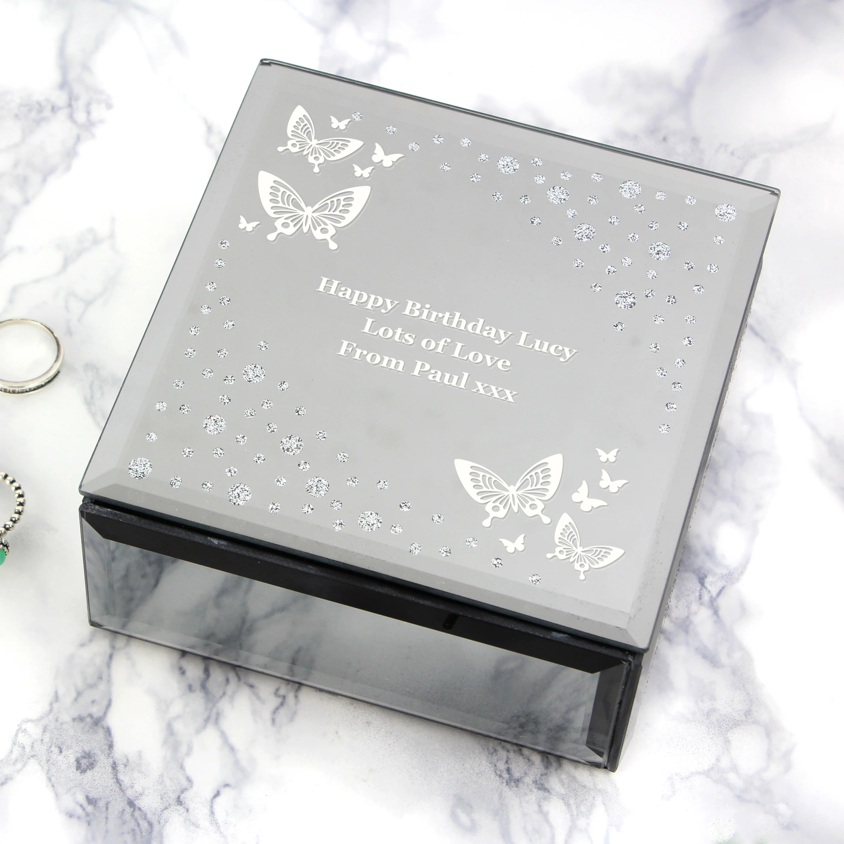 Personalised White Butterfly Diamante Glass Trinket Box - Image 8