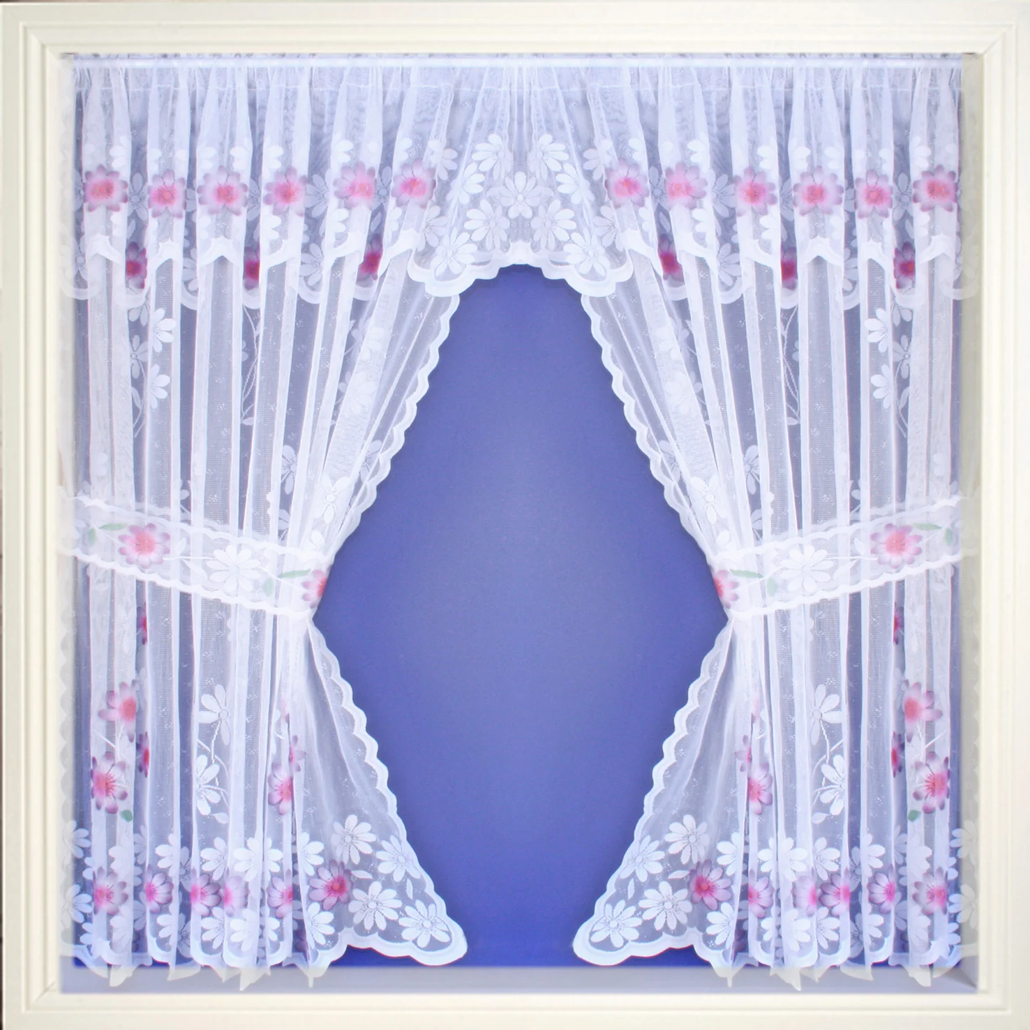 Primrose Lavender Floral Lace Window Set Spray Colour Rod Pocket Window Set With Attached Valance And 2 Matching Tie Backs