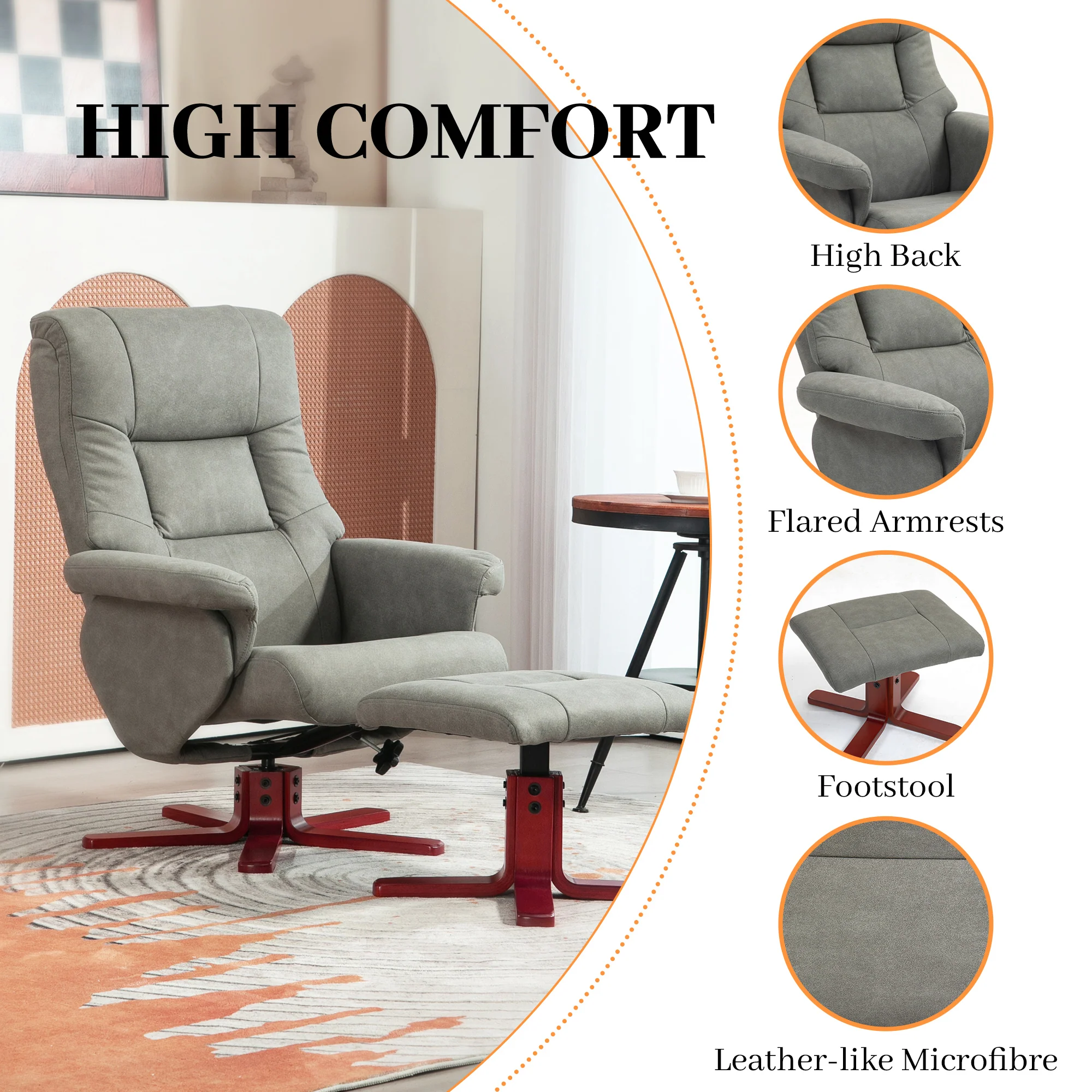 Recliner Chair With Footstool, Backrest Adjustable Armchair, Grey - Image 6
