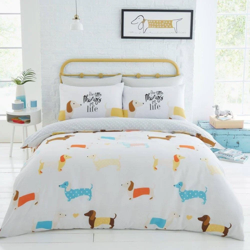 Sausage Dog Duvet Cover Bedding Set - Mustard