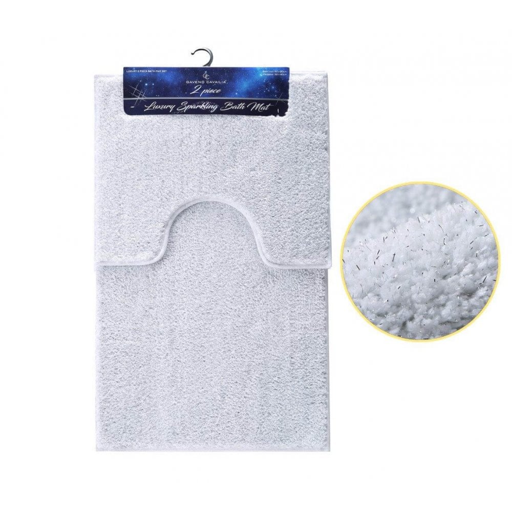 Shiny Microfibre Beige Bath Mat 2 Piece Set - White