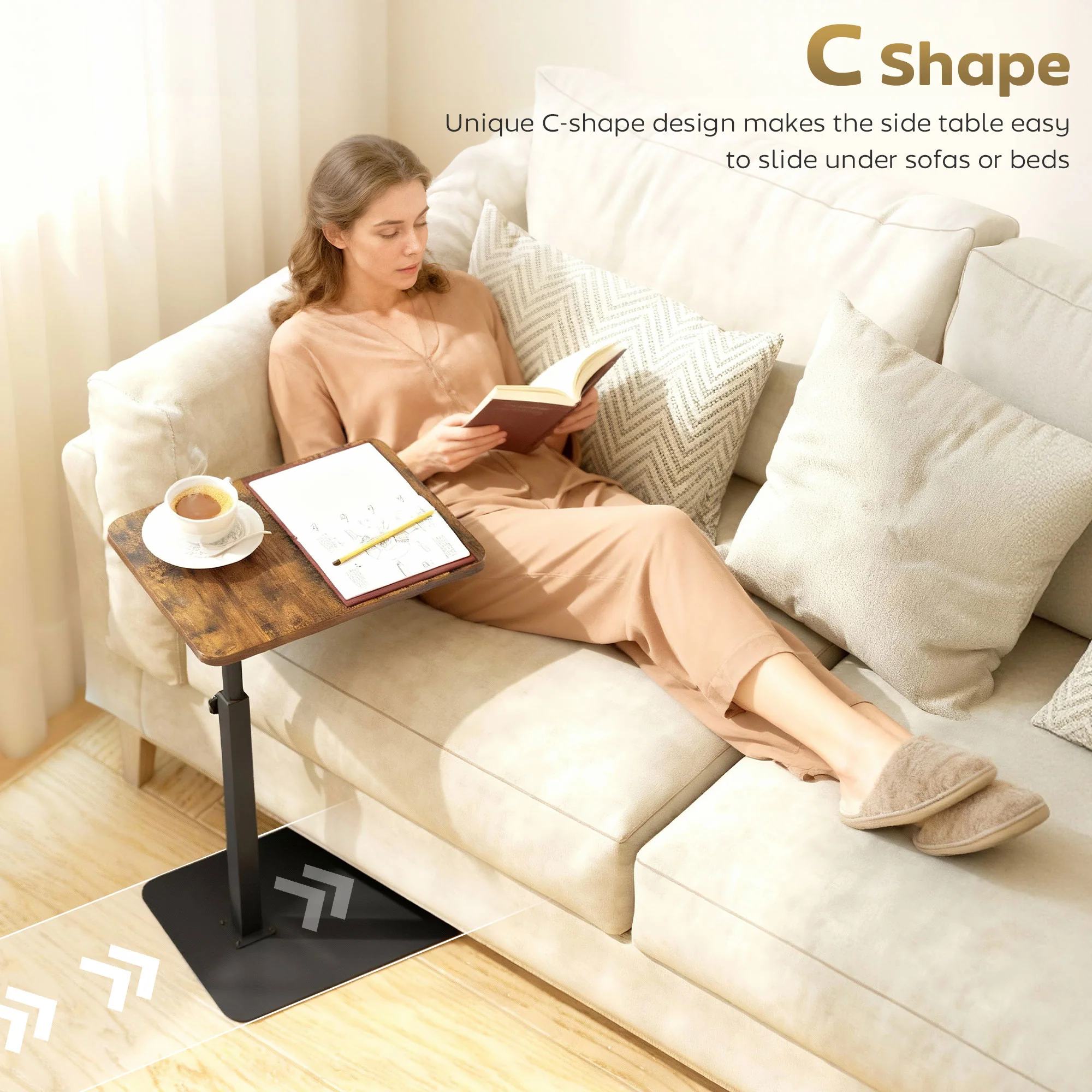 Side Table, C Shaped End Table with Adjustable Height and Metal Base - Image 3