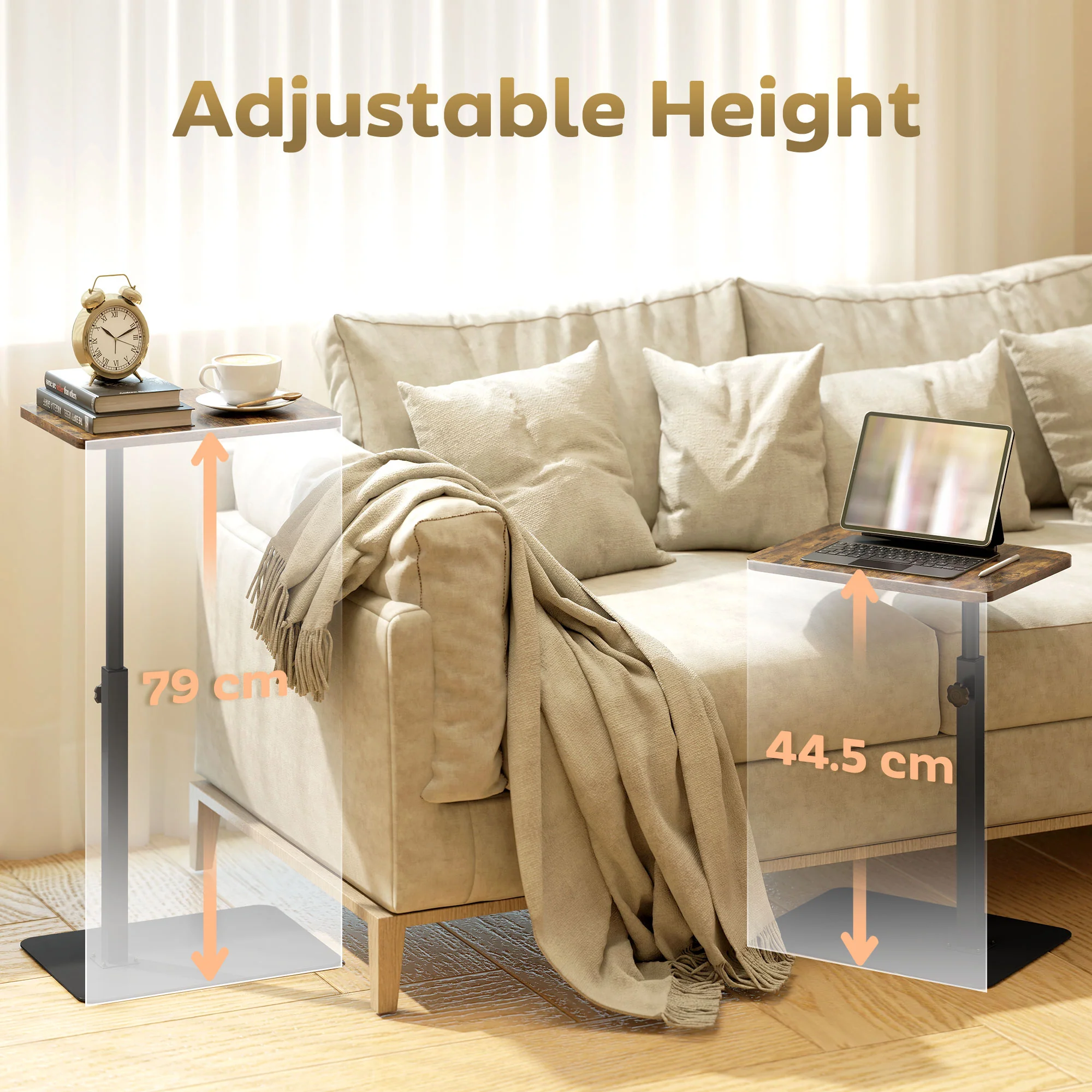 Side Table, C Shaped End Table with Adjustable Height and Metal Base - Image 4