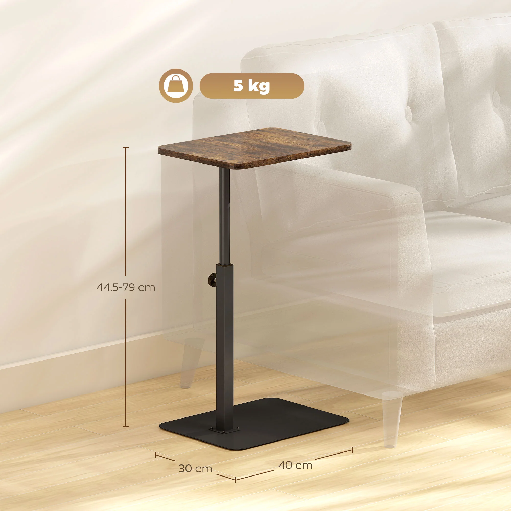 Side Table, C Shaped End Table with Adjustable Height and Metal Base - Image 5