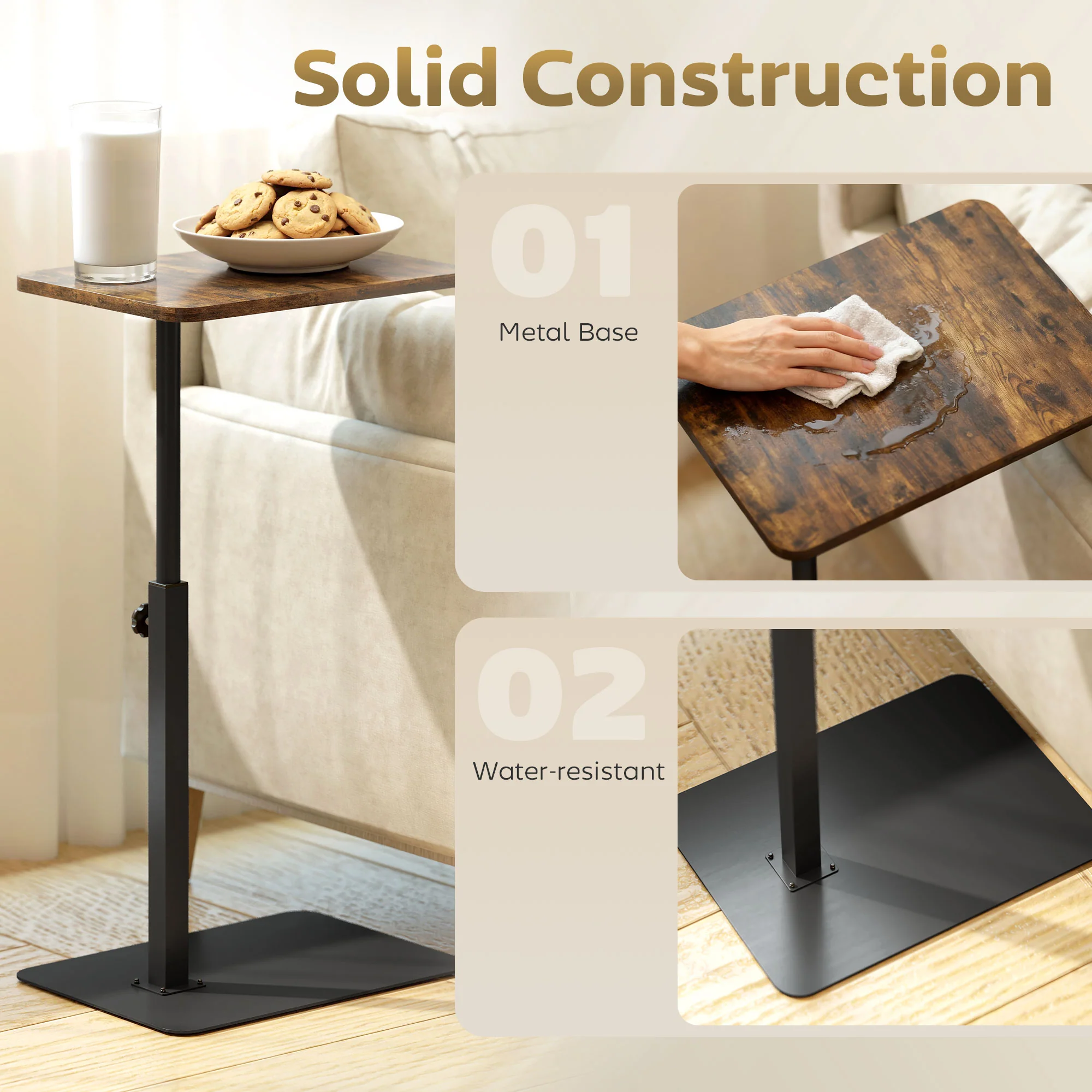 Side Table, C Shaped End Table with Adjustable Height and Metal Base - Image 6