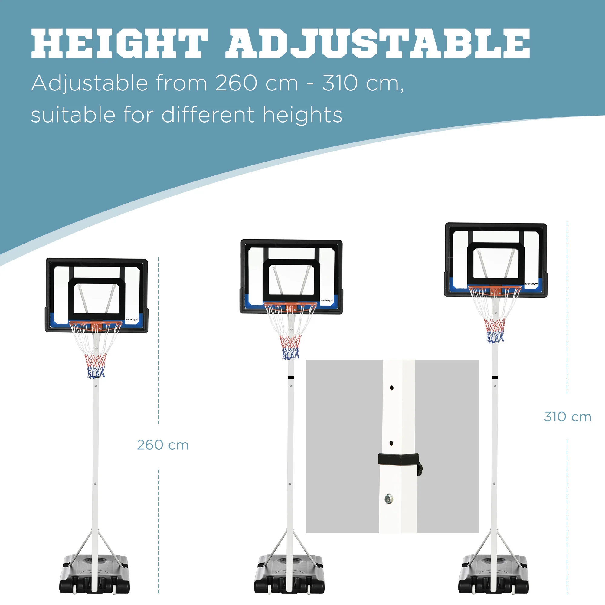 SPORTNOW 2.1-2.6m Basketball Hoop and Stand w/ Weighted Base, Wheels, White - Image 3