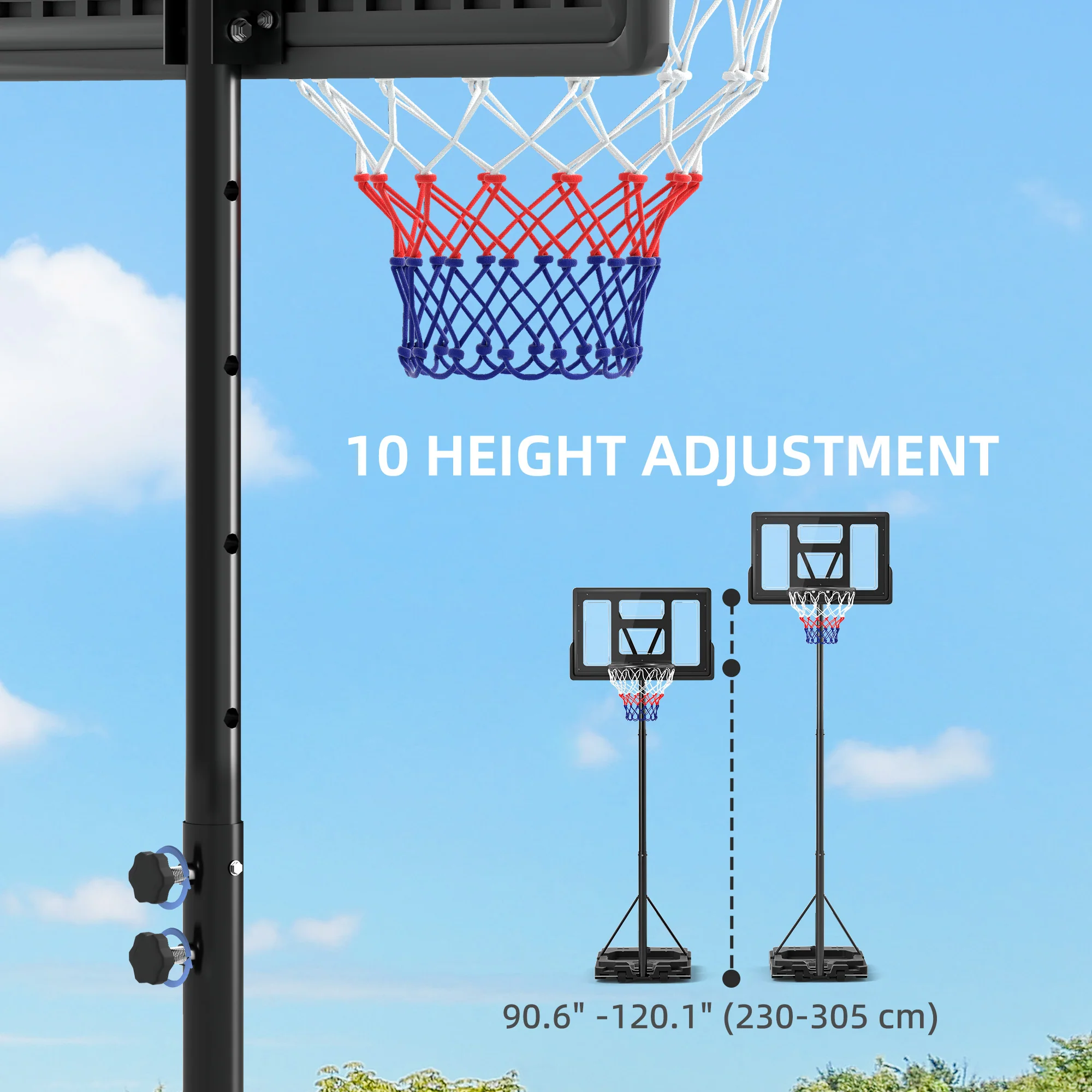 SPORTNOW 2.3-3.05m Basketball Hoop and Stand with Weighted Base and Wheels - Image 3