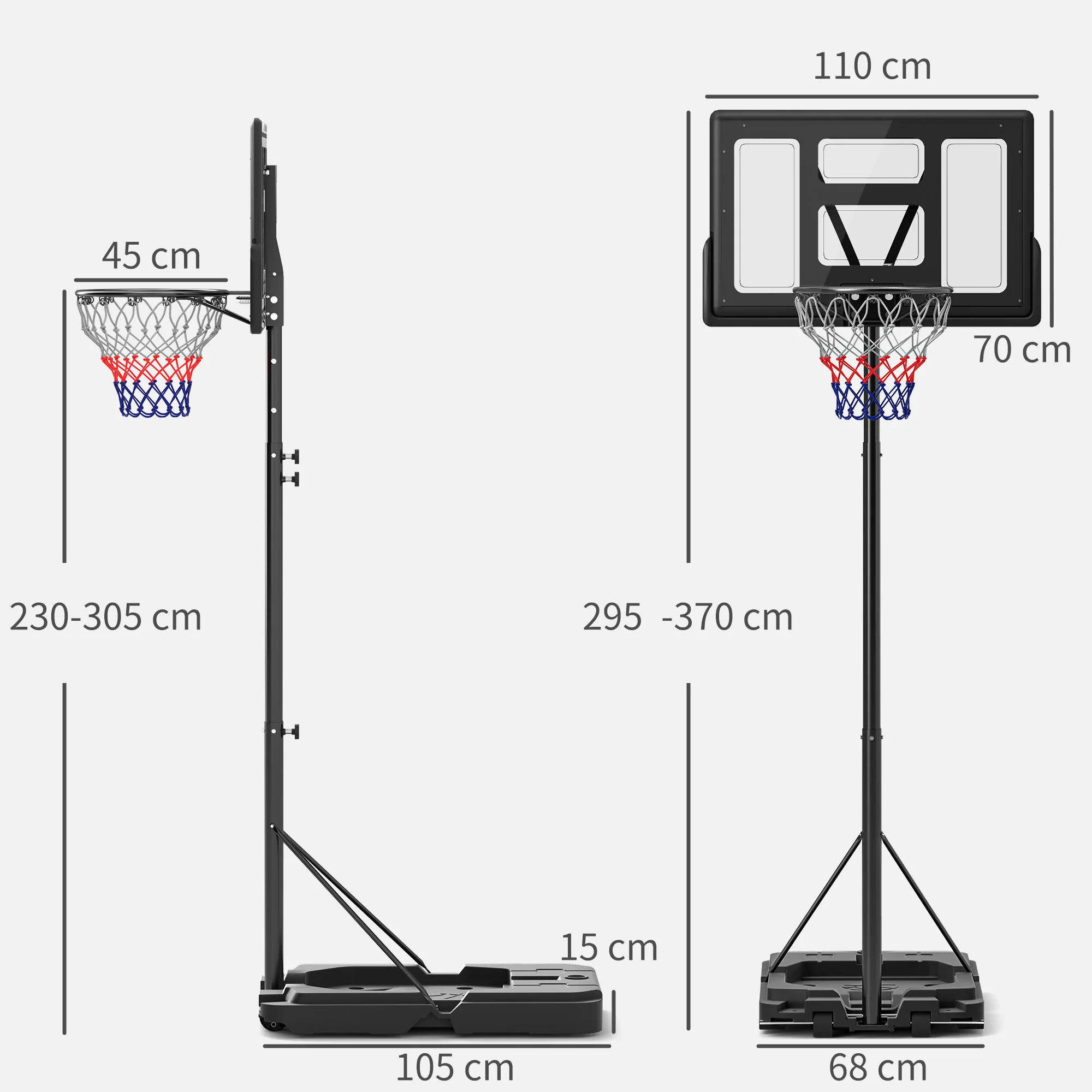 SPORTNOW 2.3-3.05m Basketball Hoop and Stand with Weighted Base and Wheels - Image 5