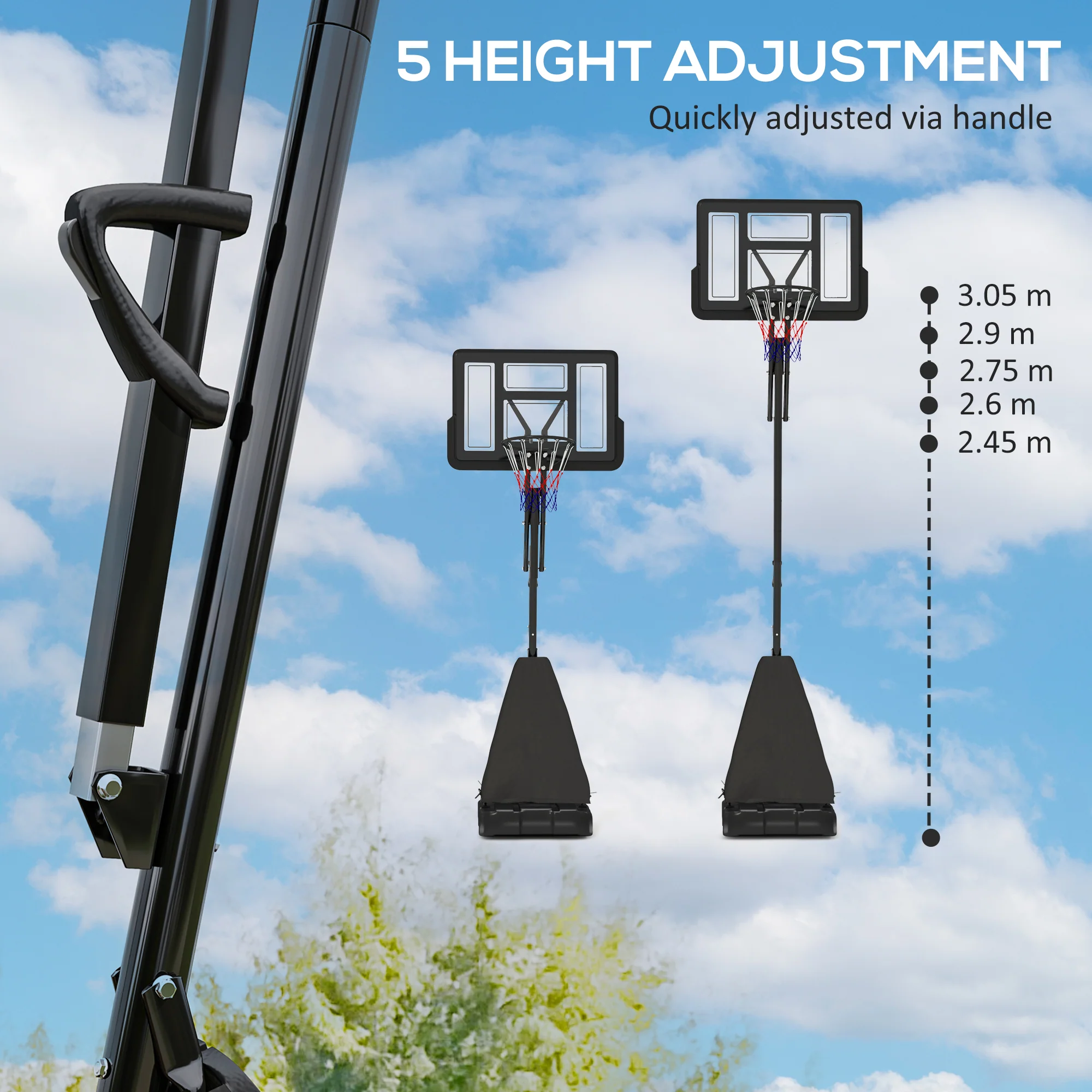 SPORTNOW 2.45-3.05m Portable Basketball Hoop And Stand With Wheels - Red/Black - Image 12