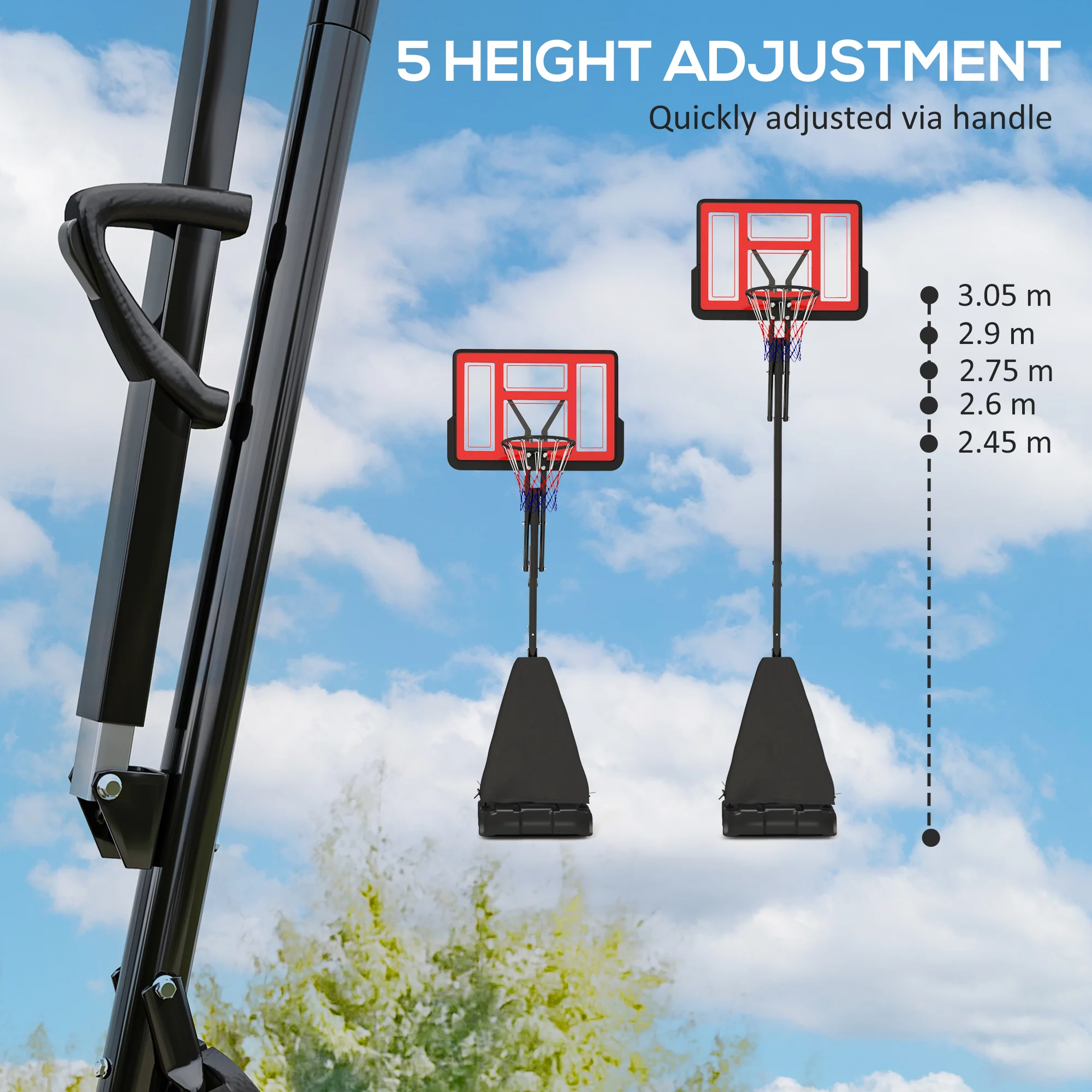 SPORTNOW 2.45-3.05m Portable Basketball Hoop And Stand With Wheels - Red/Black - Image 3