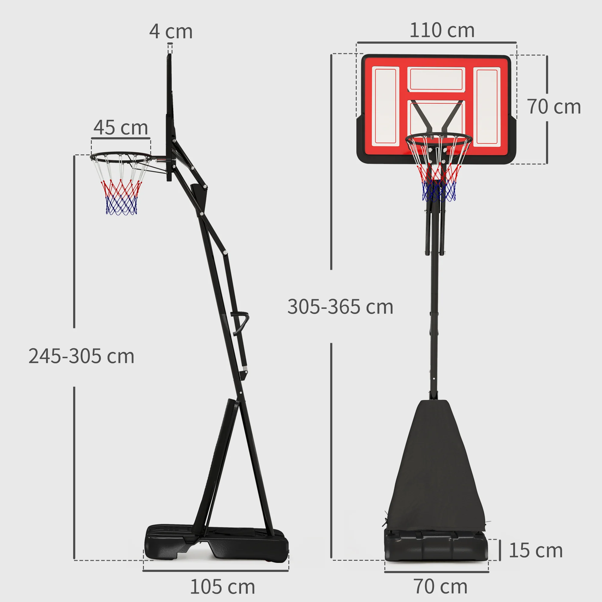 SPORTNOW 2.45-3.05m Portable Basketball Hoop And Stand With Wheels - Red/Black - Image 5