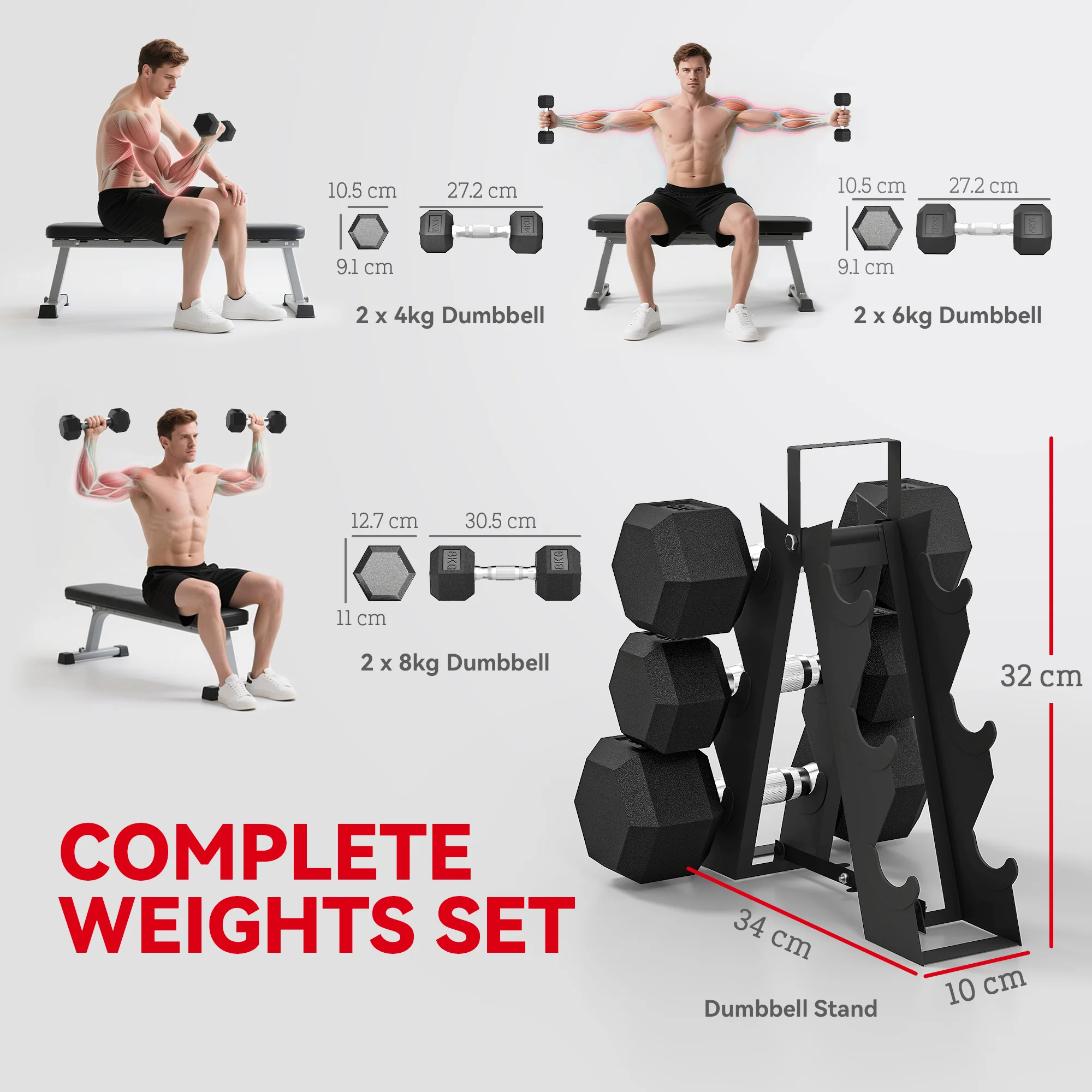 SPORTNOW 36KG Hex Dumbbell Set With Dumbbell Rack, Rubber Coated Weights - Image 3