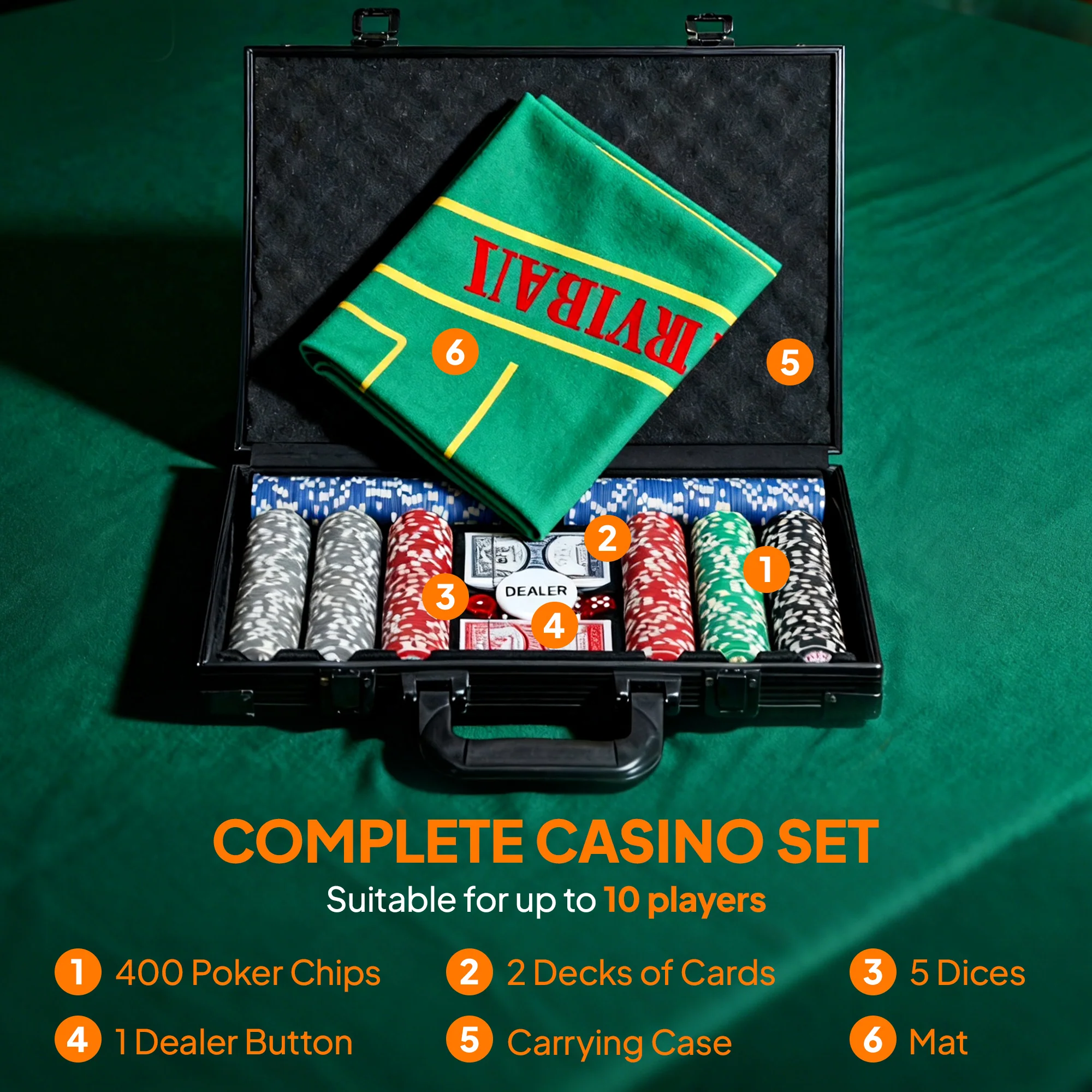 SPORTNOW 400-Piece Poker Chips Set, Texas Holdem Poker Set with Case, Mat - Image 3