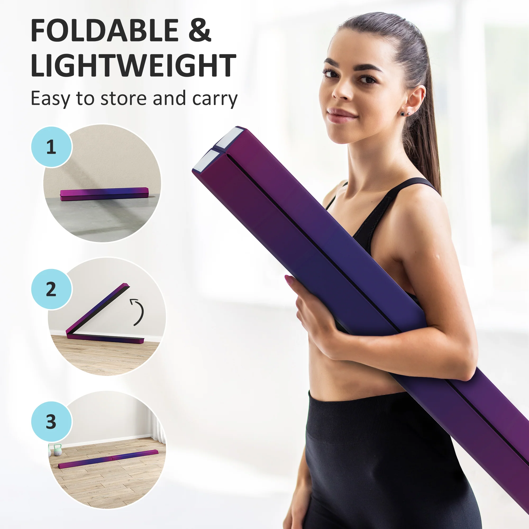 SPORTNOW 7.7ft Folding Gymnastics Balance Beam With Anti-Slip Base, Purple - Image 12