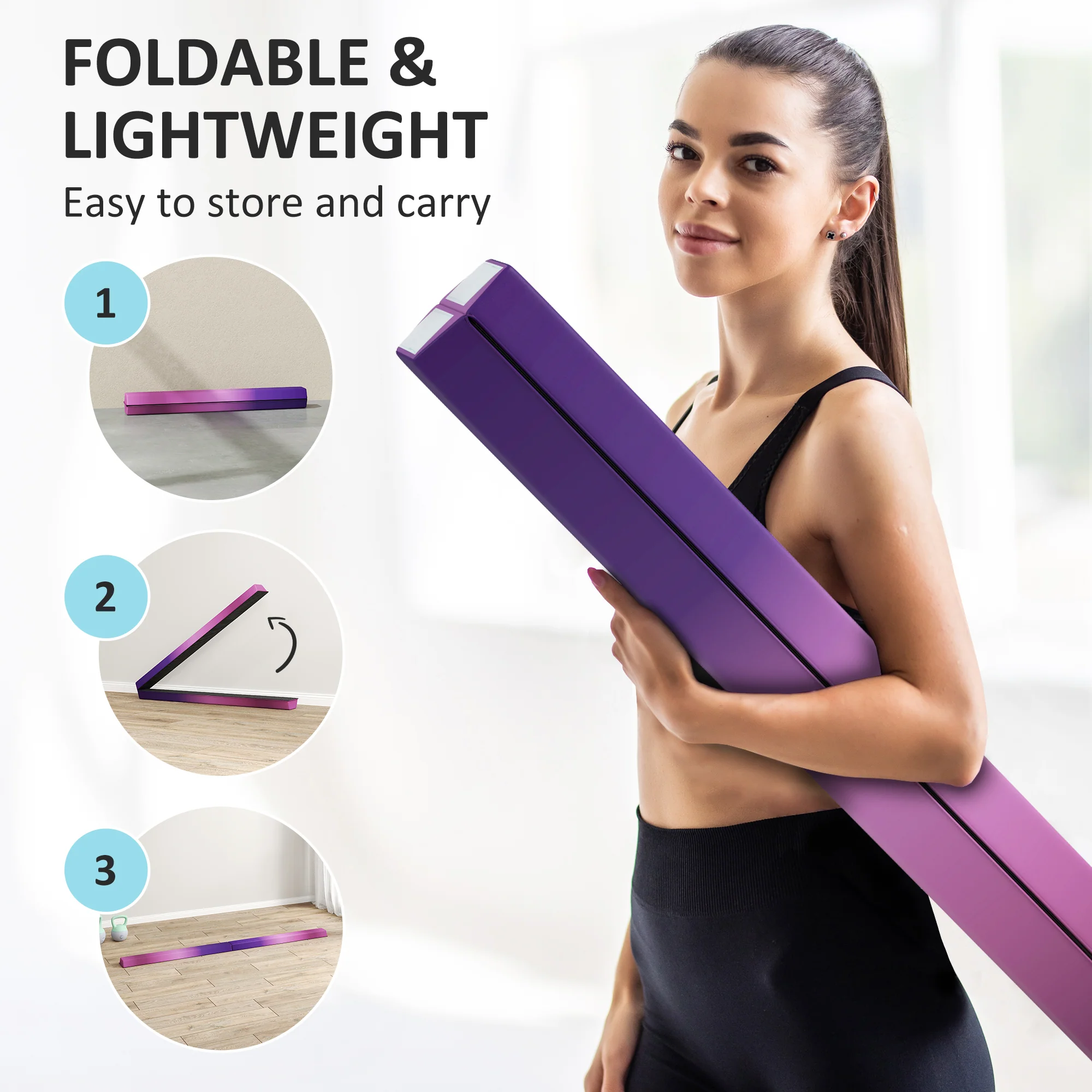SPORTNOW 7.7ft Folding Gymnastics Balance Beam With Anti-Slip Base, Purple - Image 3