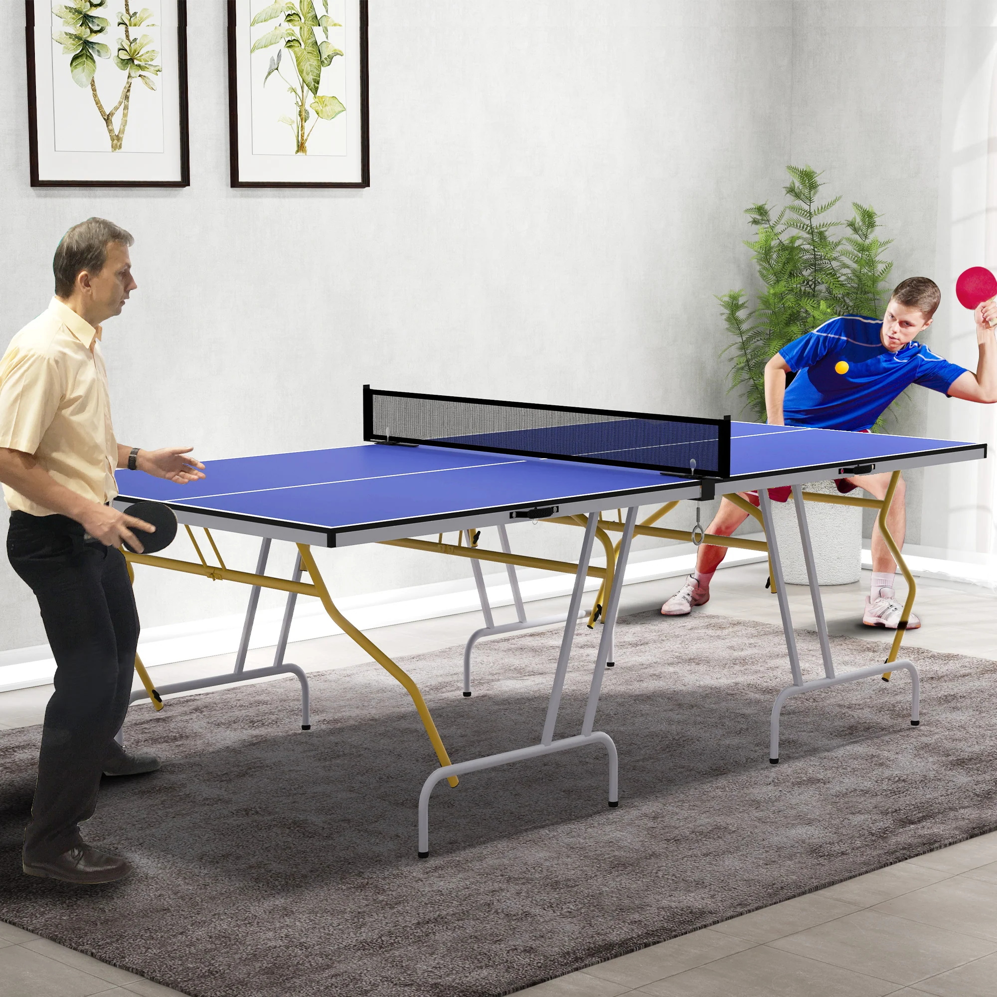 SPORTNOW 9FT Foldable Table Tennis Table with Cover, Net, Paddles, Balls - Blue - Image 2