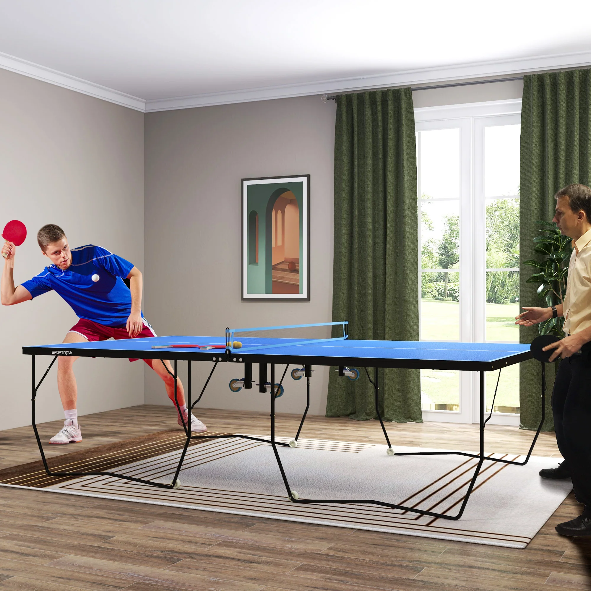 SPORTNOW 9FT Folding Table Tennis Table w/ 8 Wheels, for Indoors - Blue - Image 2