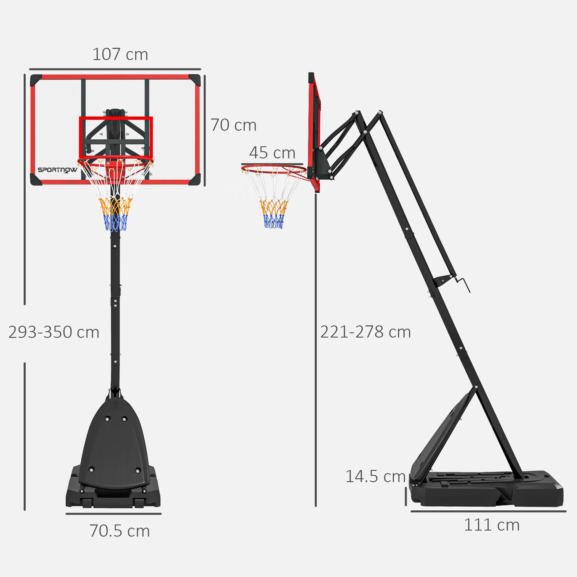 SPORTNOW Adjustable Basketball Hoop with Weighted Base, 2.4-2.9m, Red - Image 5