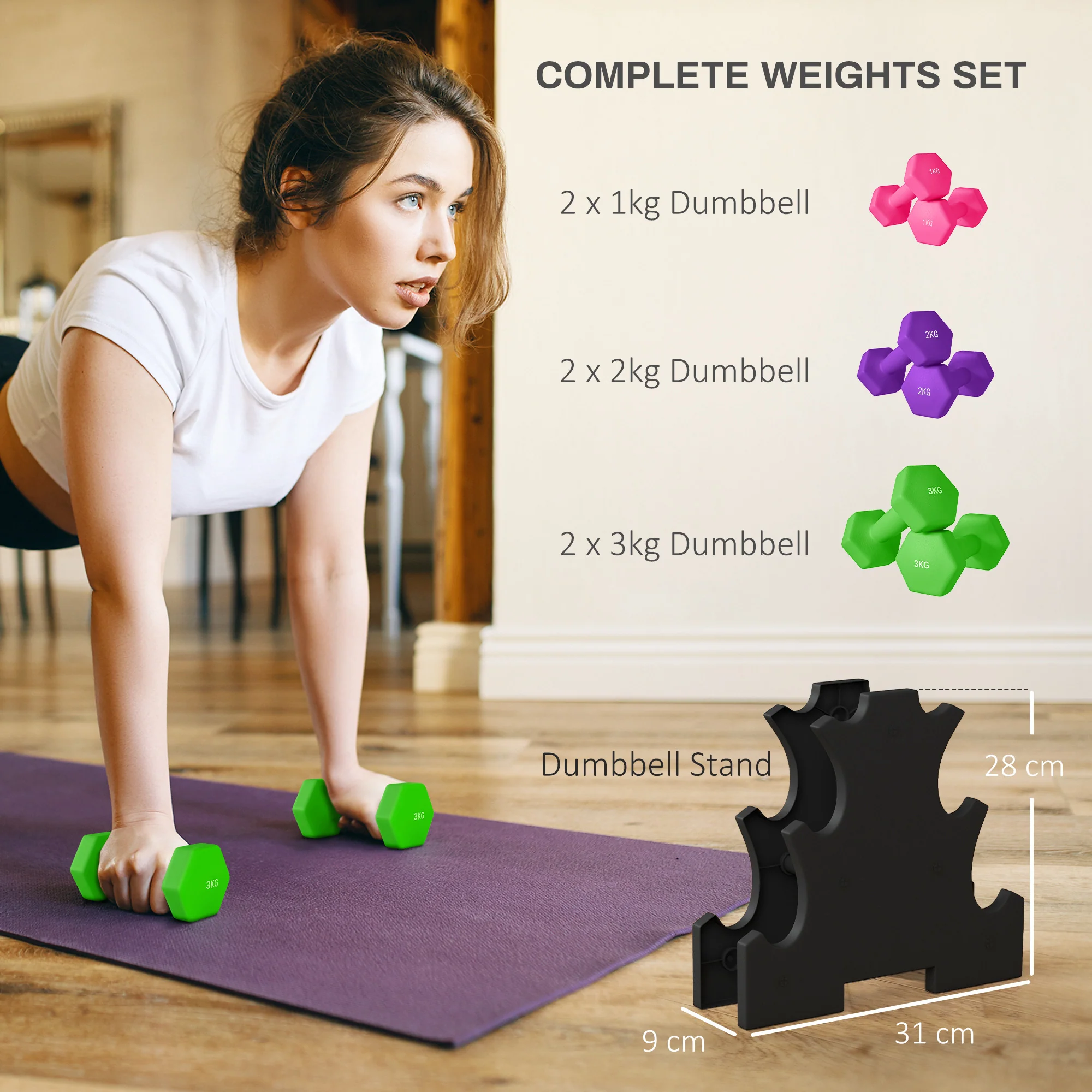 SPORTNOW Hex Dumbbells Set with Dumbbells Rack, 2 x 1kg, 2 x 2kg, 2 x 3kg - Image 3