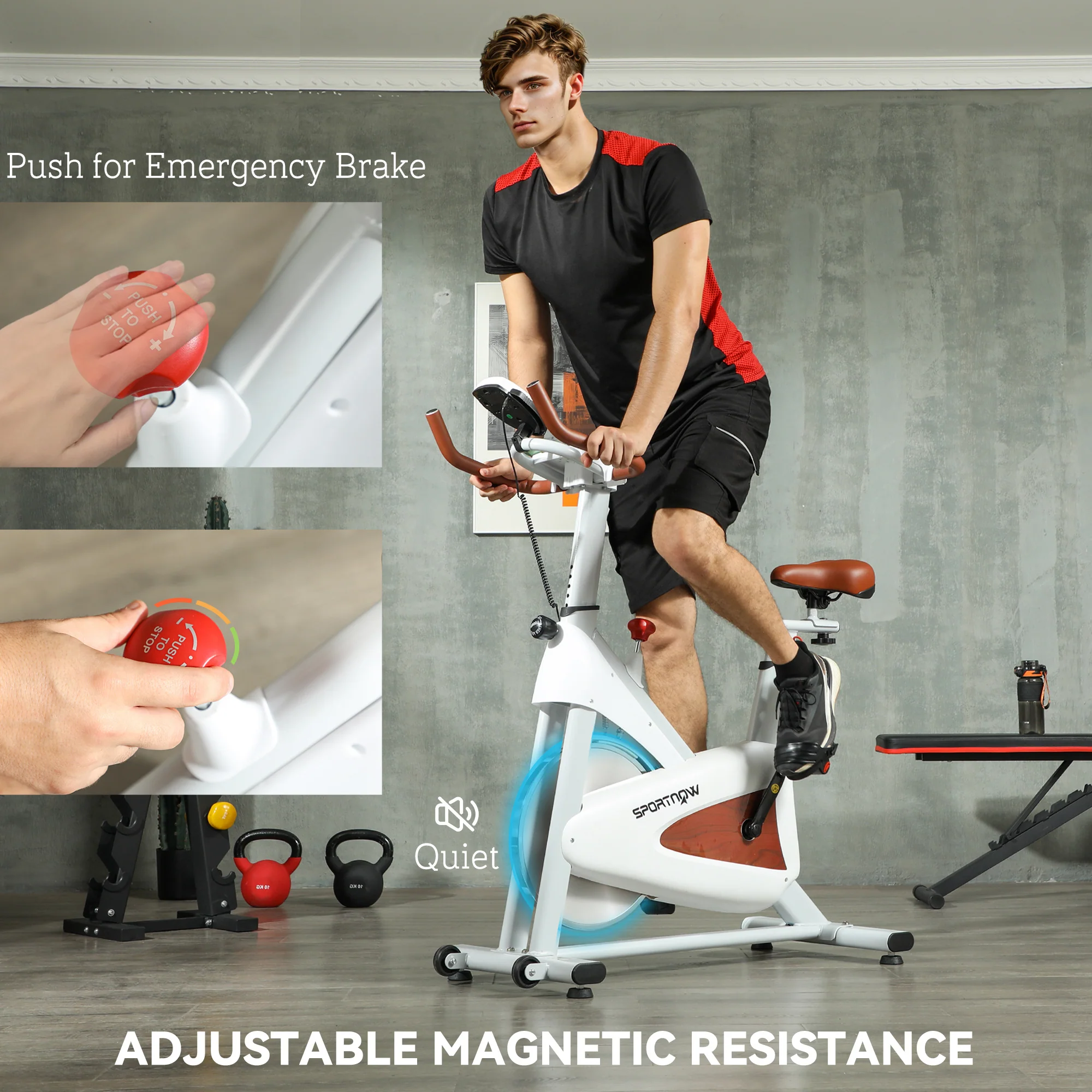 SPORTNOW Quiet Stationary Exercise Bike with Adjustable Seat, White - Image 3