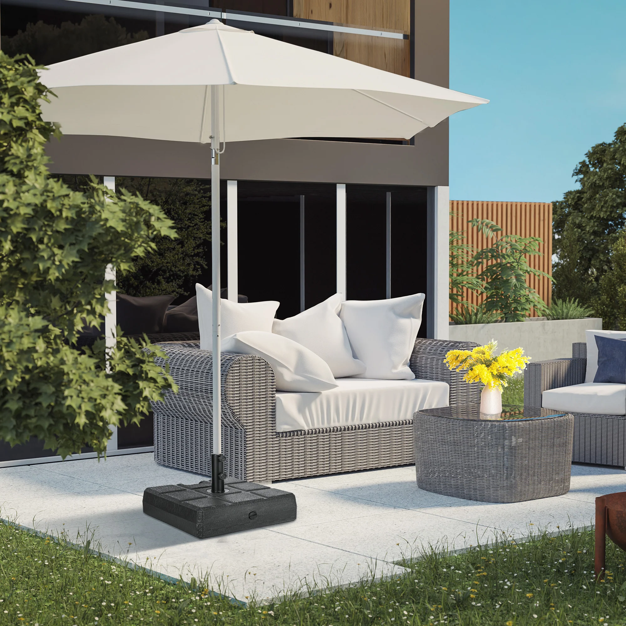Square Umbrella Parasol Base With Wood Effect, Plastic Parasol Stand, Black - Image 2