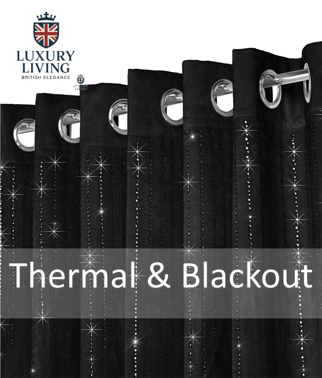 Triple Woven Blackout Velvet Ring Top Curtains with Cascading Diamante Studs Black - Image 2