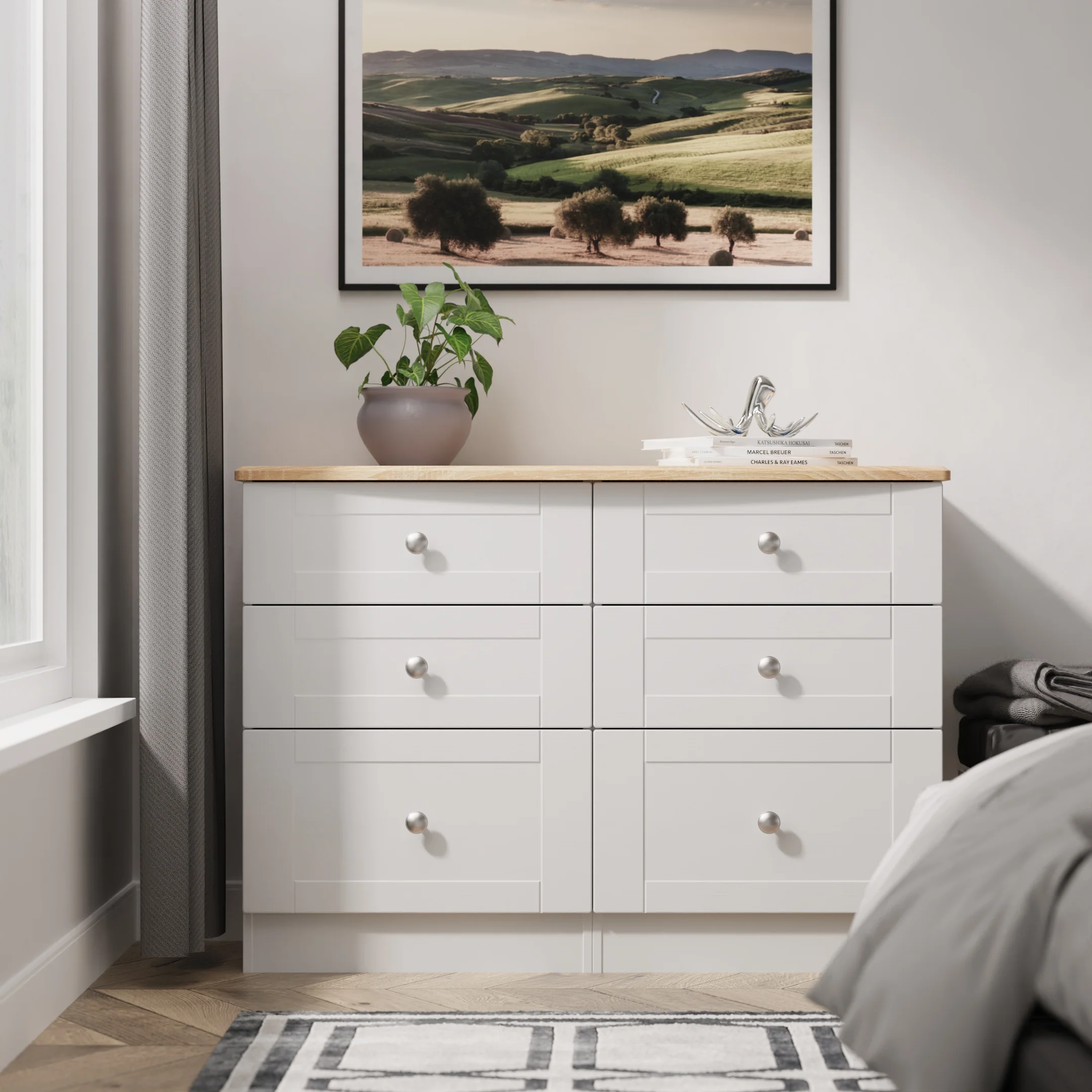 Tutbury Ready Assembled 6 Drawer Wide Chest in Grey Ash & Bardolino Oak