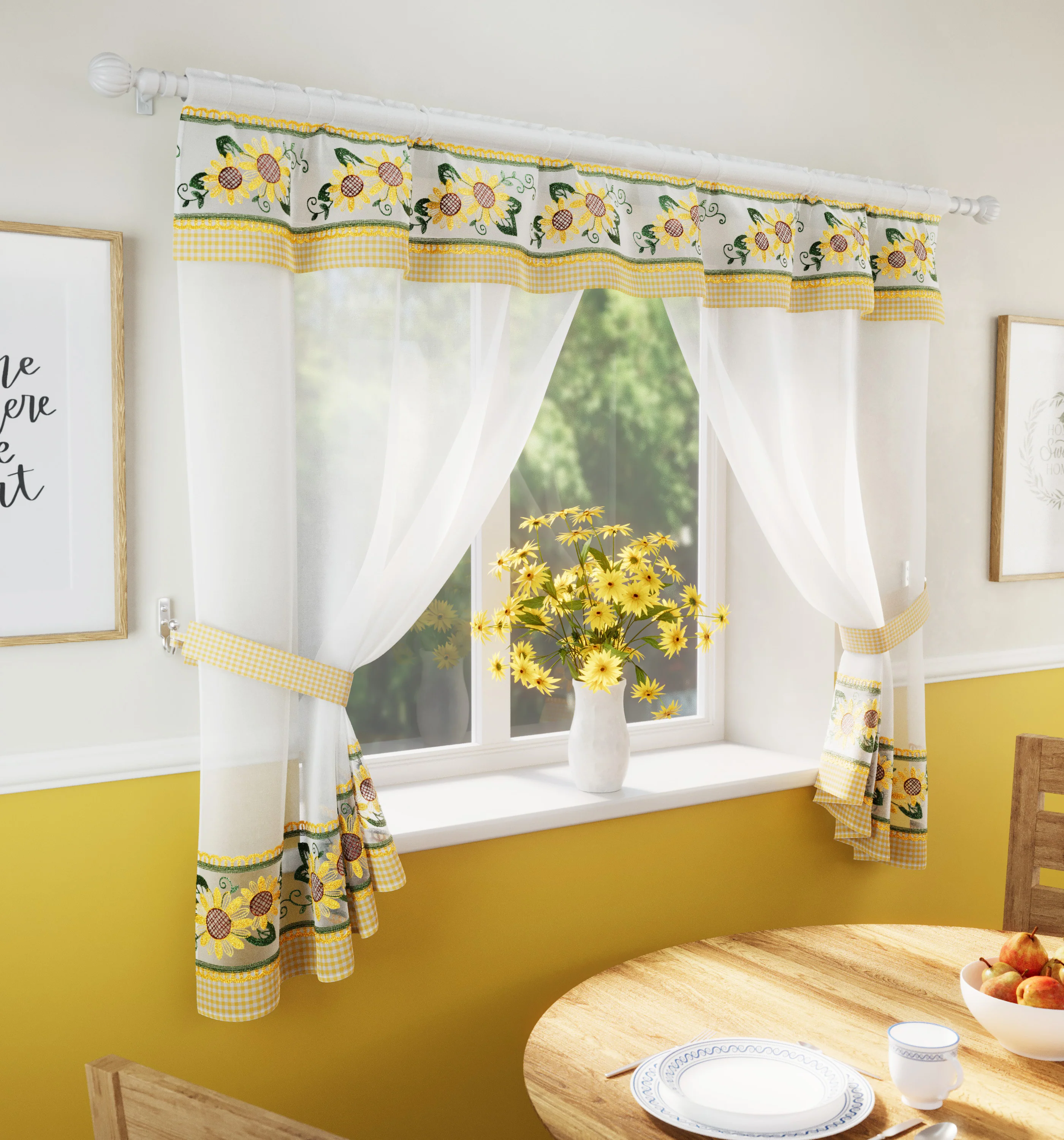 Tyrone Textiles Keswick Yellow Floral Embroidery Window Set With Matching Tie Backs